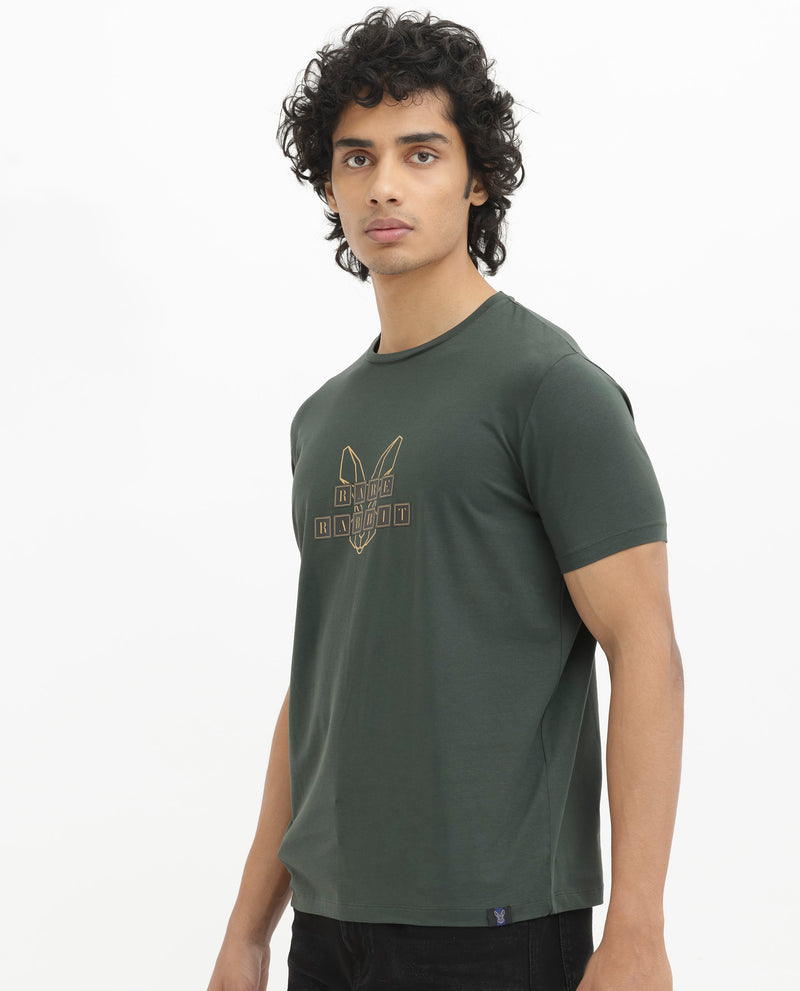 Rare Rabbit Men's Bion Olive Cotton Lycra Fabric Half Sleeves Logo Graphic Print T-Shirt
