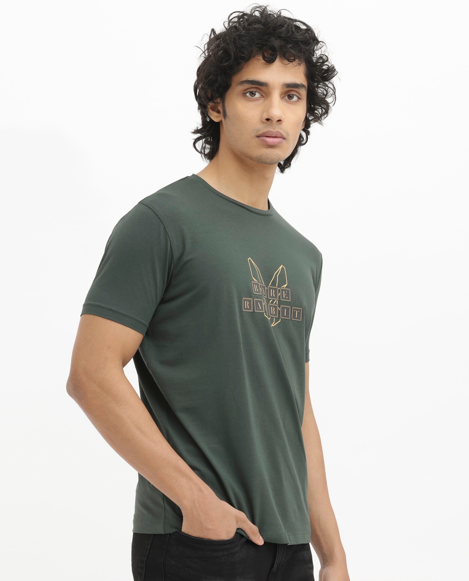 Rare Rabbit Men's Bion Olive Cotton Lycra Fabric Half Sleeves Logo Graphic Print T-Shirt