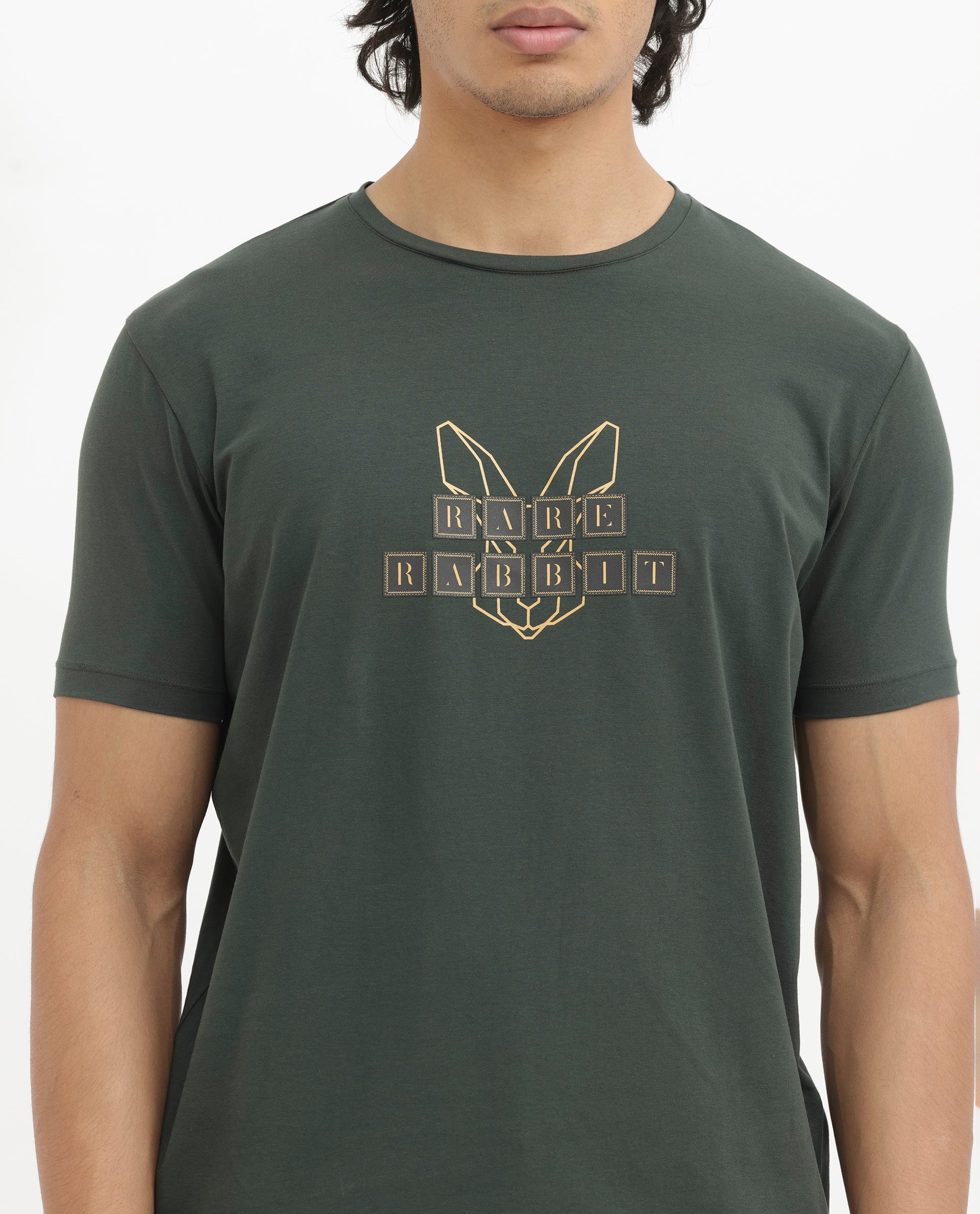 Rare Rabbit Men's Bion Olive Cotton Lycra Fabric Half Sleeves Logo Graphic Print T-Shirt