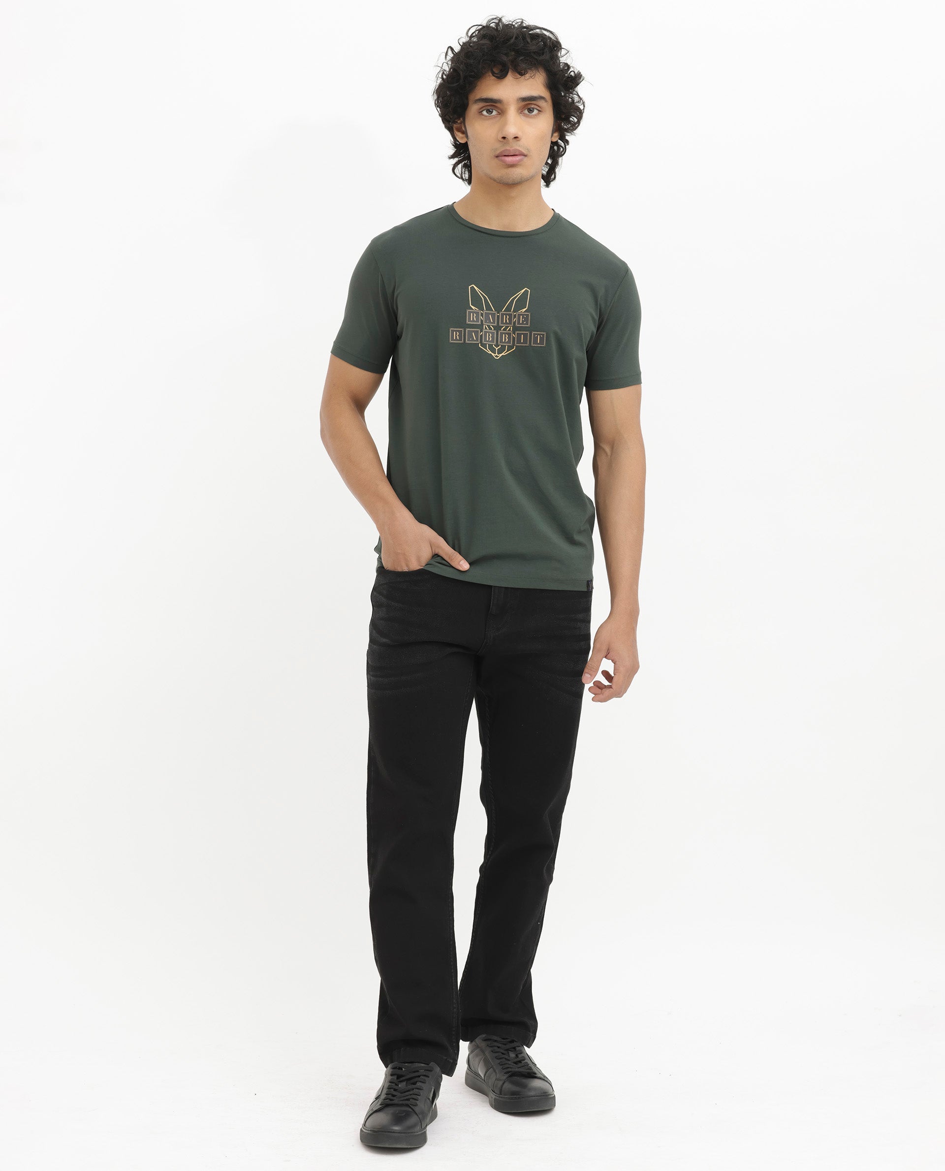 Rare Rabbit Men's Bion Olive Cotton Lycra Fabric Half Sleeves Logo Graphic Print T-Shirt