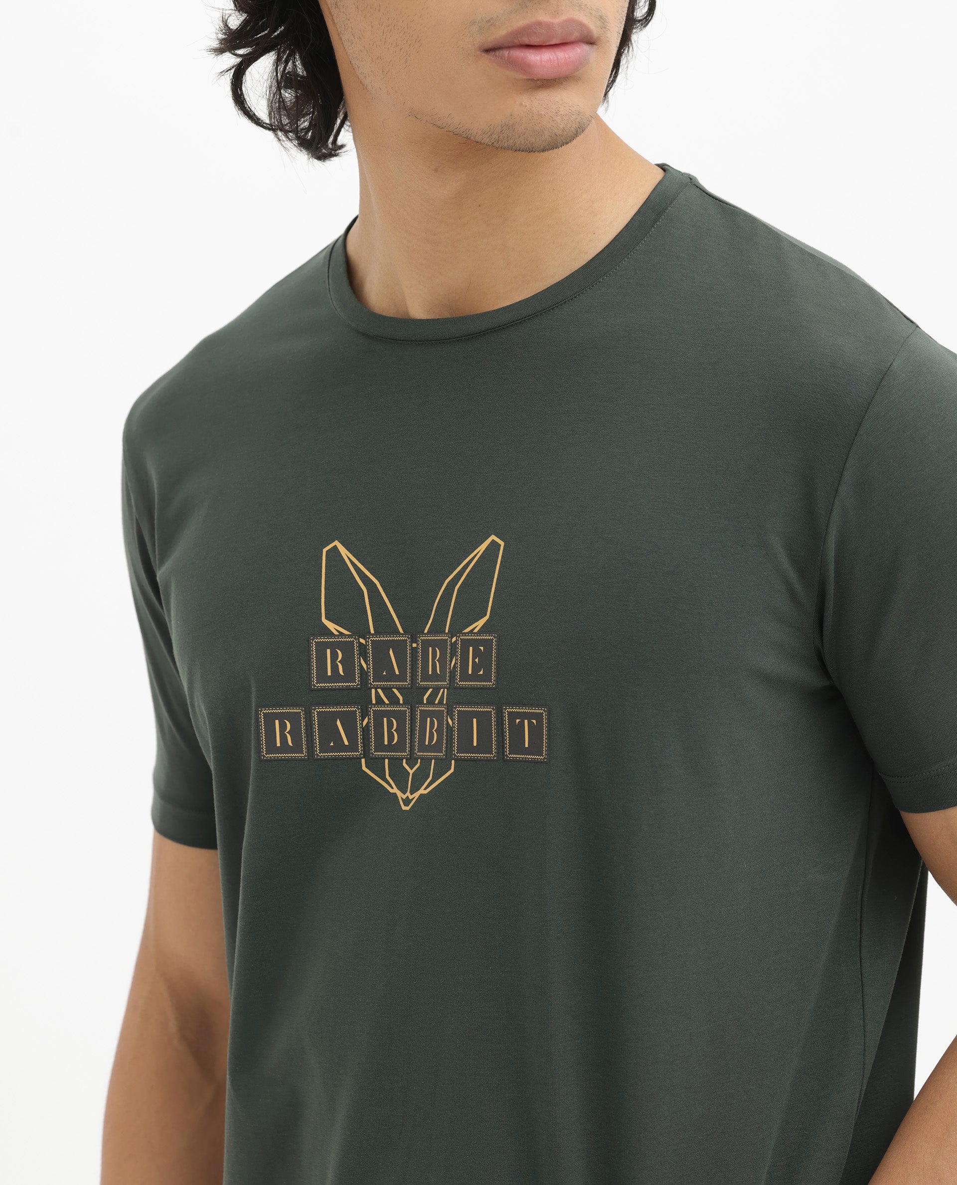 Rare Rabbit Men's Bion-1 Olive Cotton Lycra Fabric Short Sleeve Crew Neck Logo Graphic Print T-Shirt