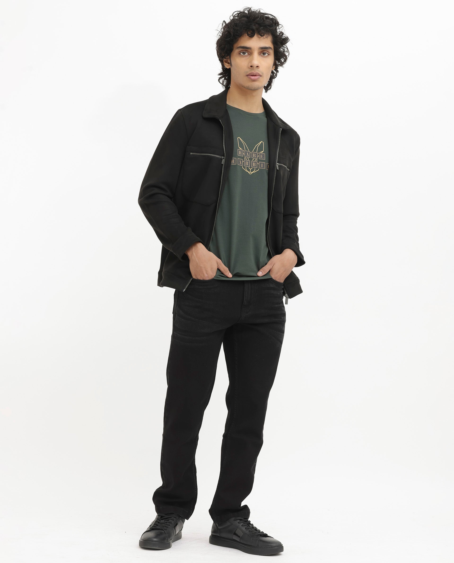 Rare Rabbit Men's Bion Olive Cotton Lycra Fabric Half Sleeves Logo Graphic Print T-Shirt