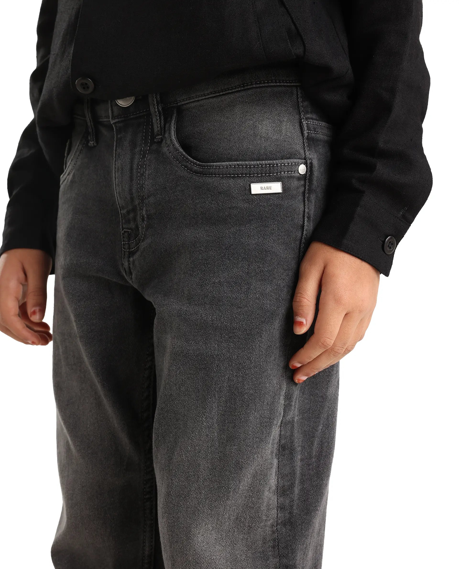 Rare Ones Kids Biro Grey Cotton Blend Button And Zipper Closure Plain Regular Fit Jeans