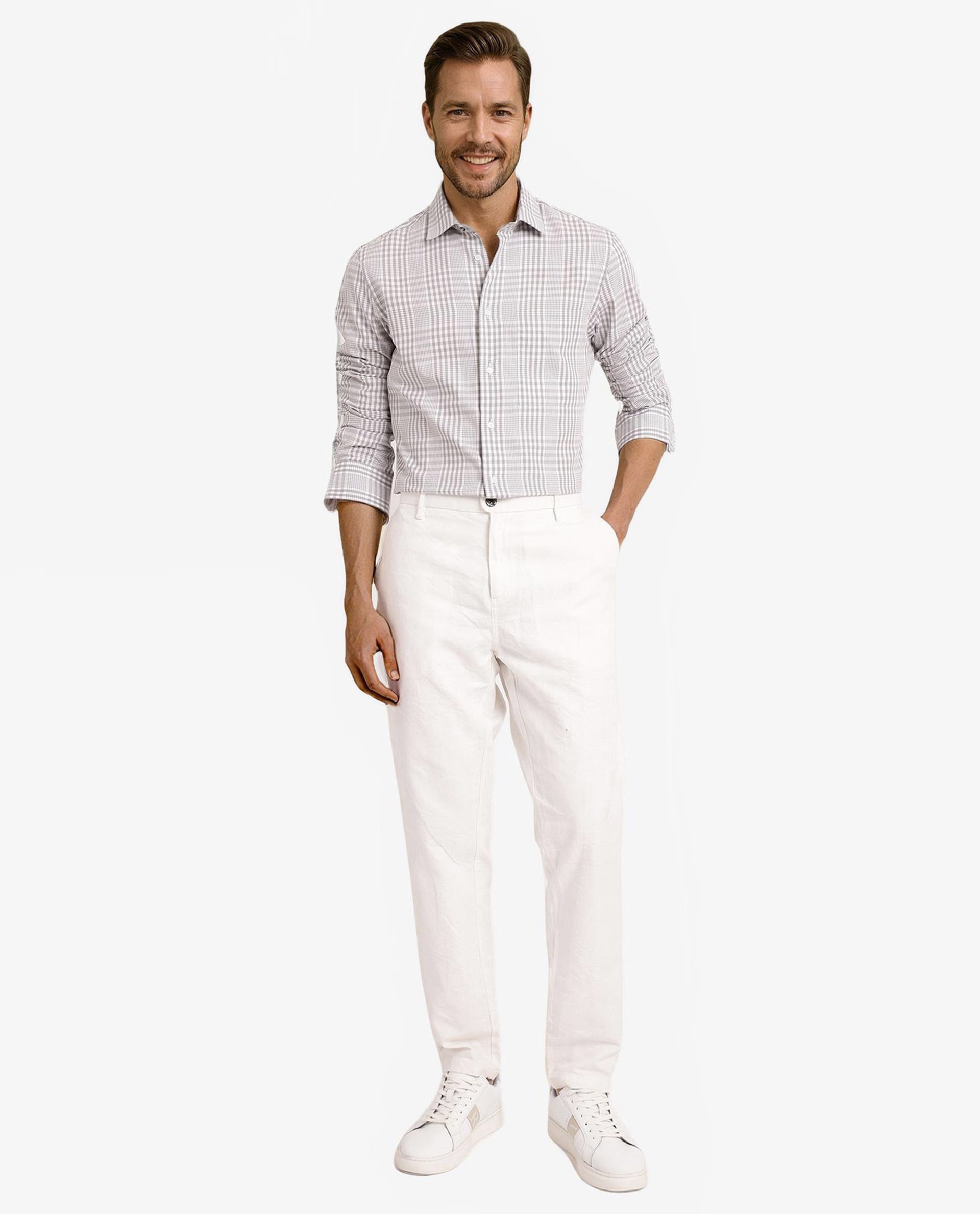 Rare Rabbit Men's Bisk Grey Cotton Fabric Full Sleeve Regular Fit Checks Twill Shirt