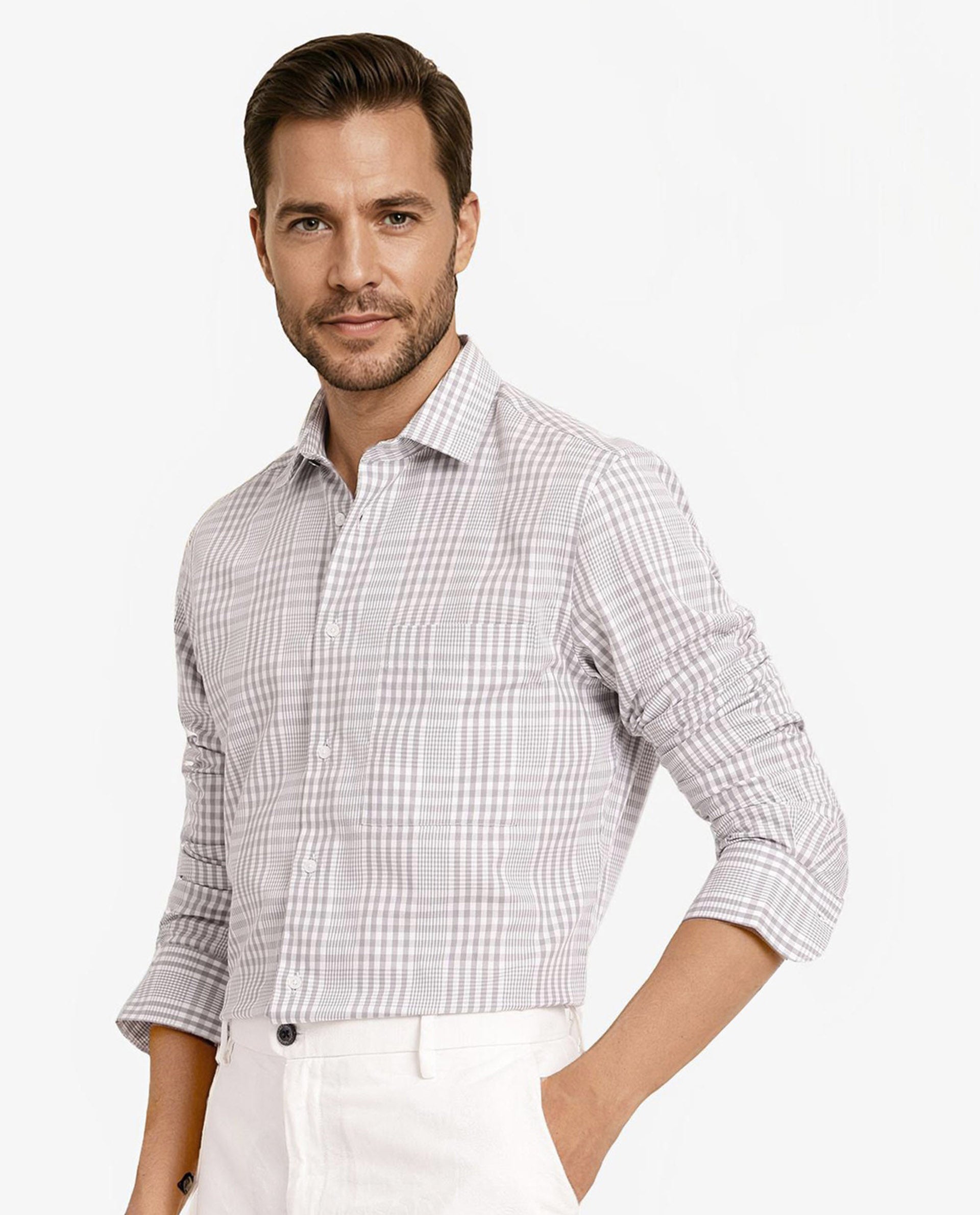 Rare Rabbit Men's Bisk Grey Cotton Fabric Full Sleeve Regular Fit Checks Twill Shirt