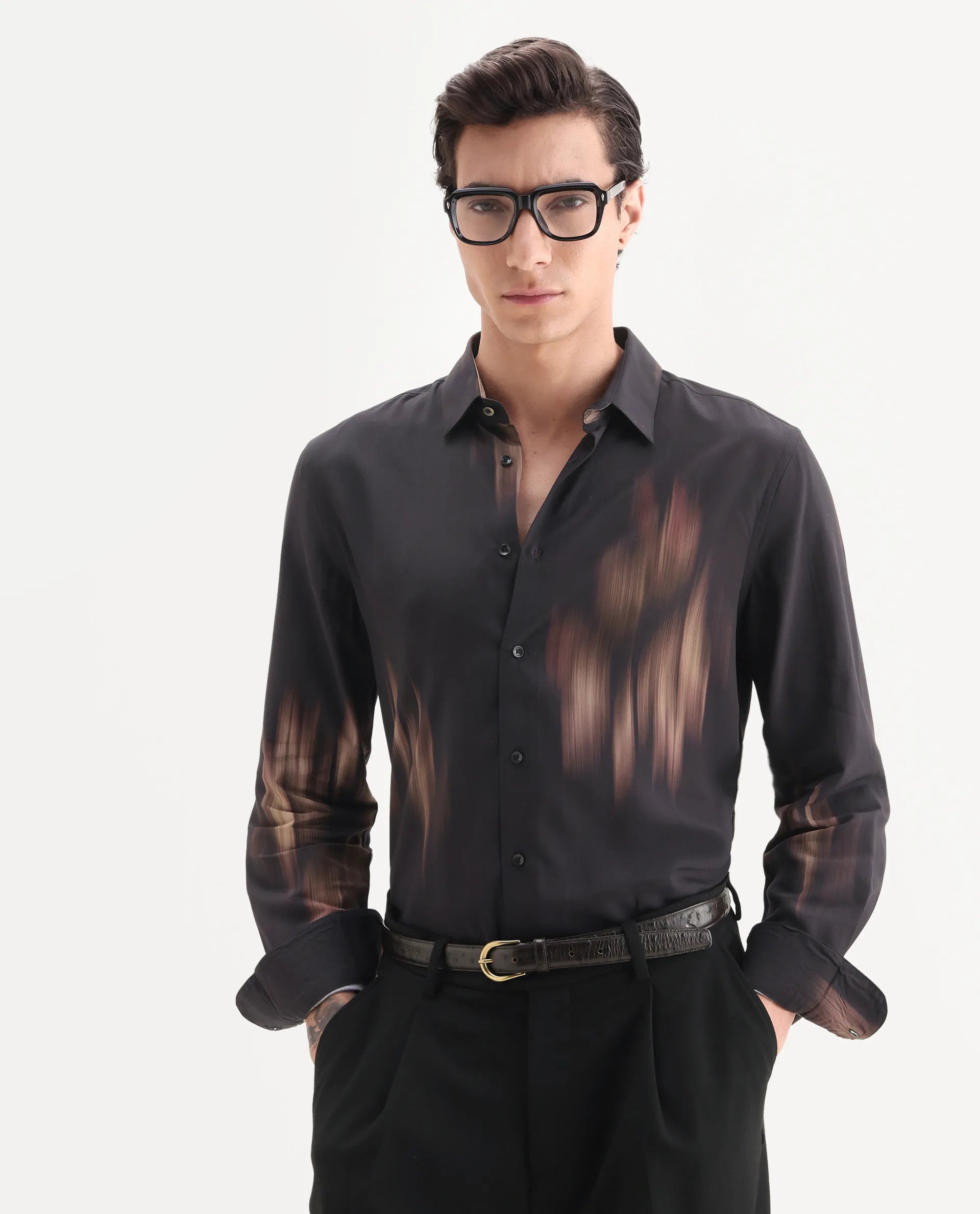 Rare Rabbit Men's Blade Black Viscose Fabric Full Sleeve Collared Neck Abstract Print Shirt