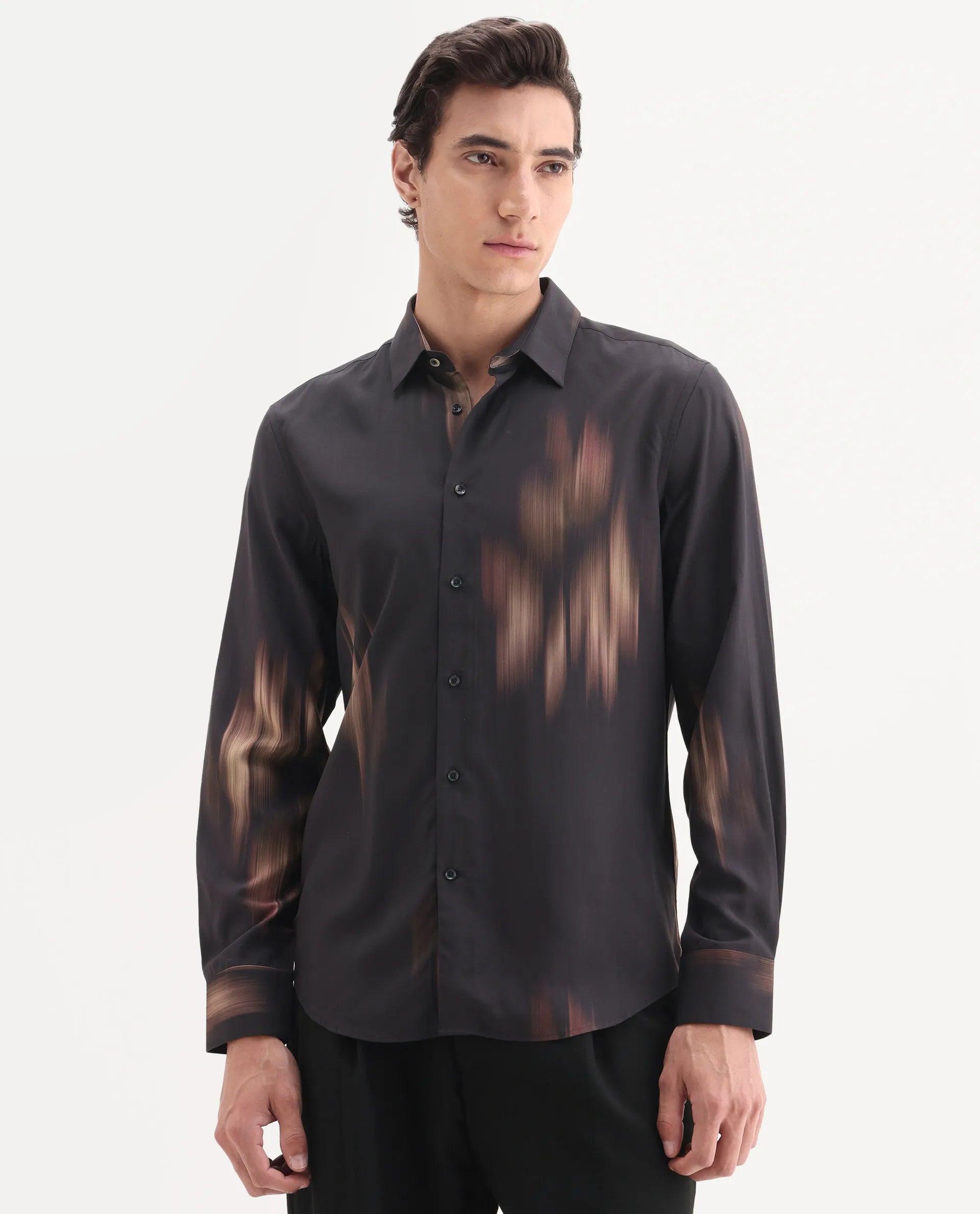 Rare Rabbit Men's Blade Black Viscose Fabric Full Sleeve Collared Neck Abstract Print Shirt