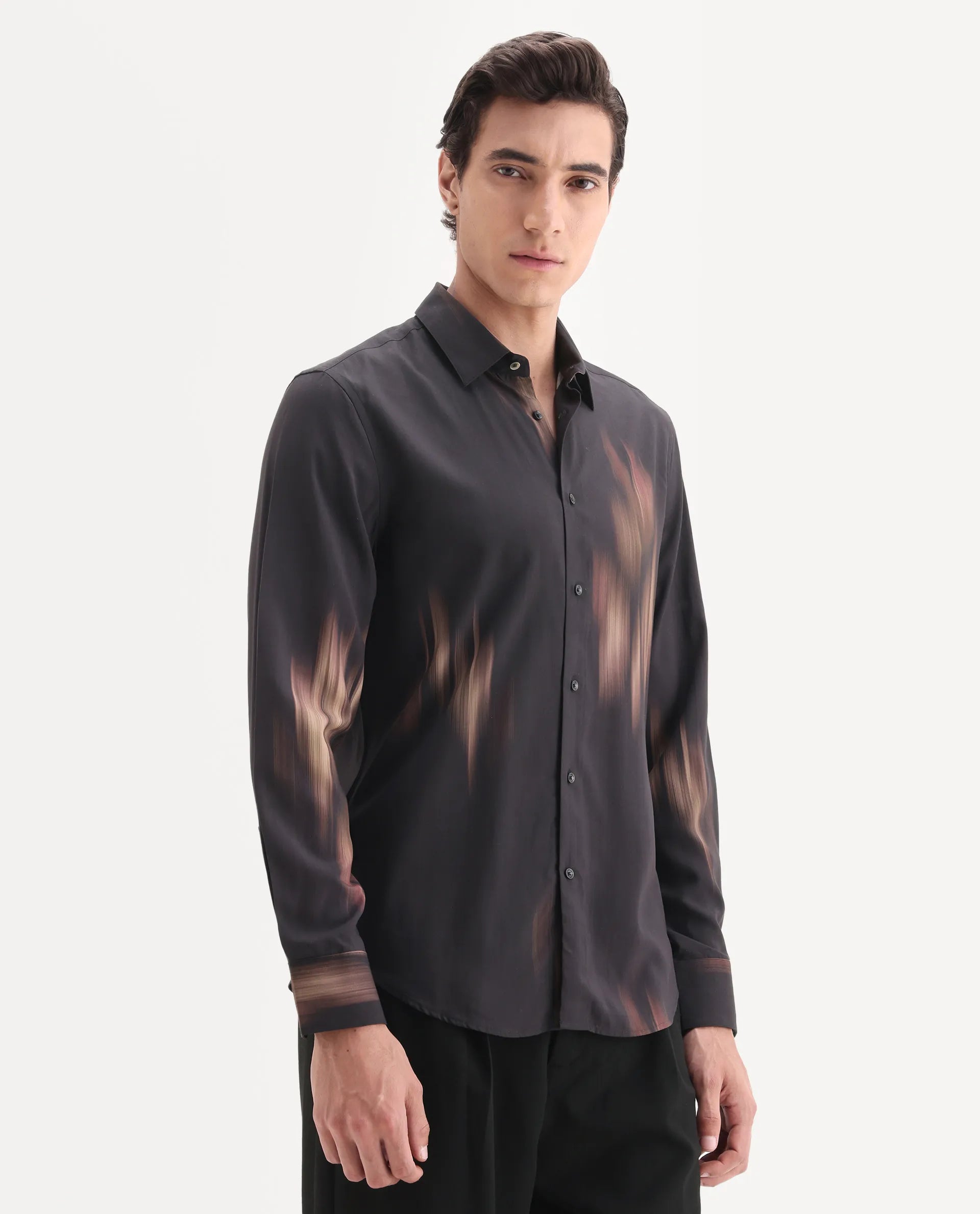 Rare Rabbit Men's Blade Black Viscose Fabric Full Sleeve Collared Neck Abstract Print Shirt