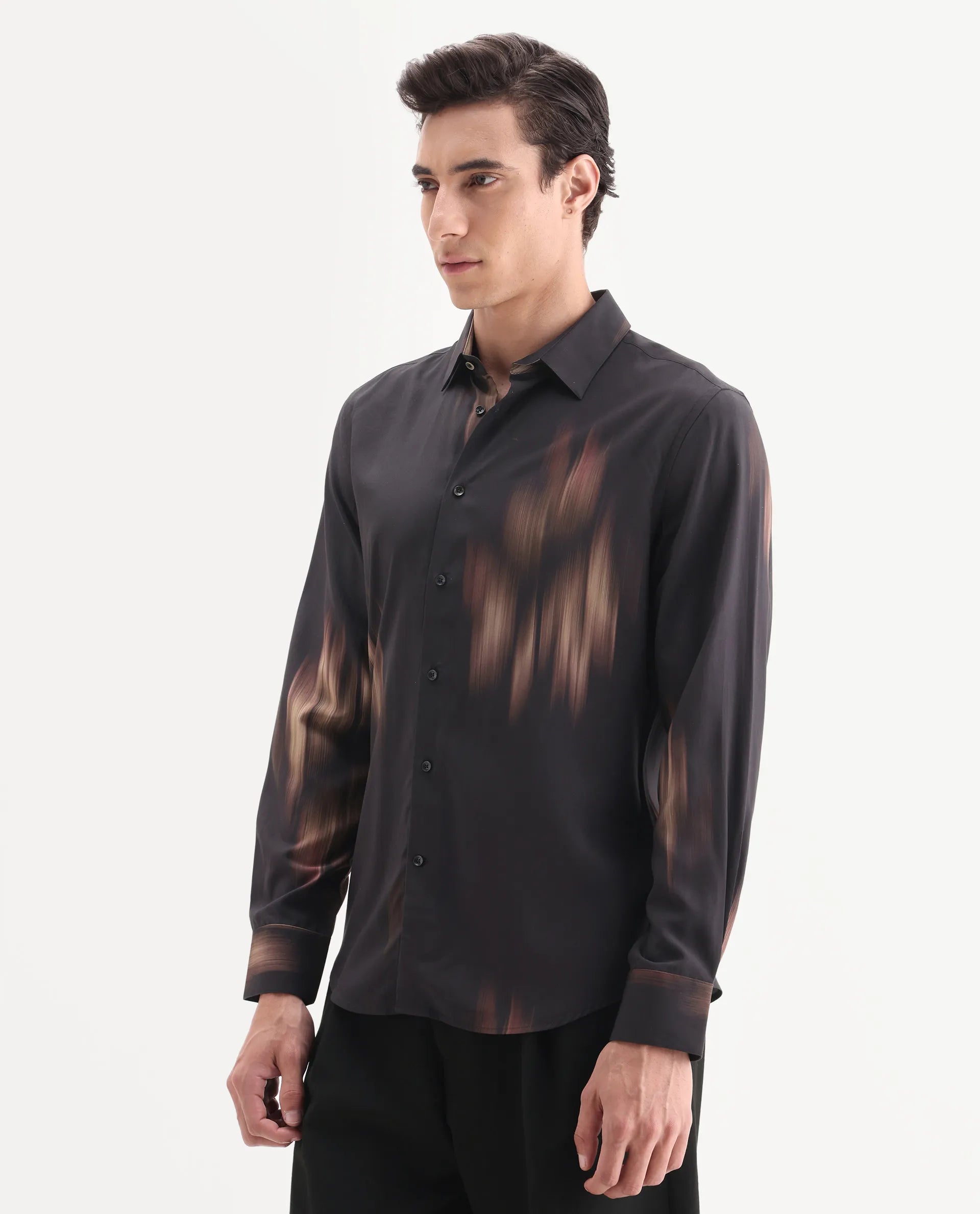 Rare Rabbit Men's Blade Black Viscose Fabric Full Sleeve Collared Neck Abstract Print Shirt