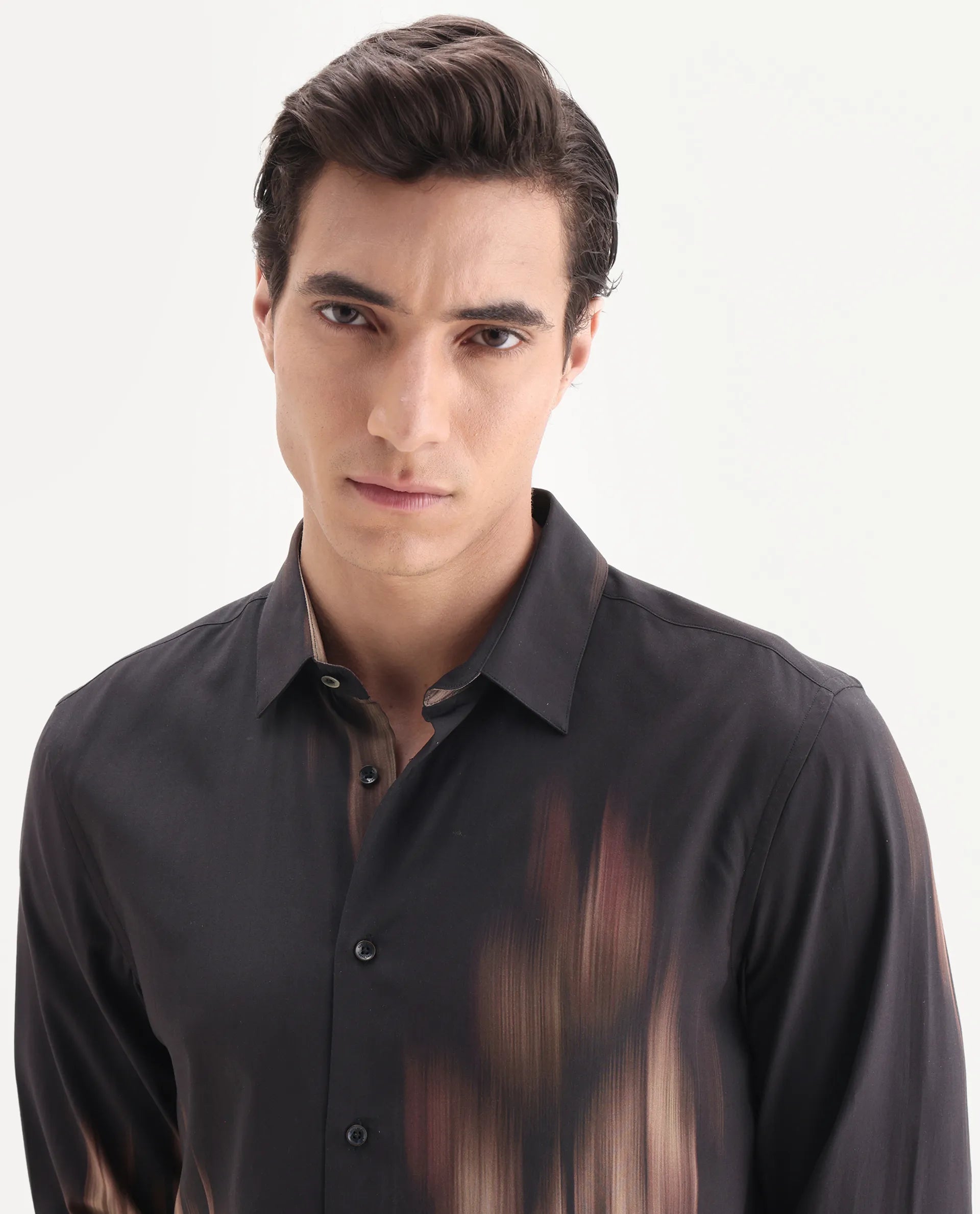 Rare Rabbit Men's Blade Black Viscose Fabric Full Sleeve Collared Neck Abstract Print Shirt