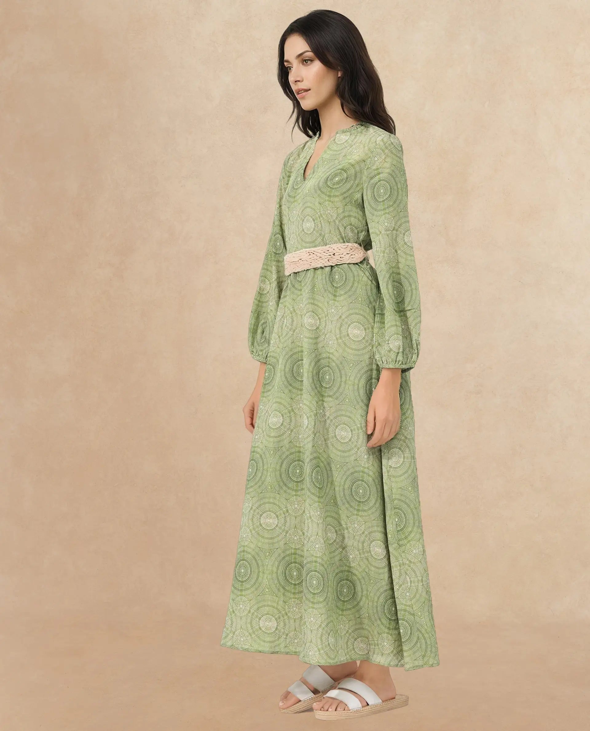 Rareism Women's Bledel Pastel Green Rayon Ruffled Neck Abstract Print Bishop Sleeve Maxi Flared Dress