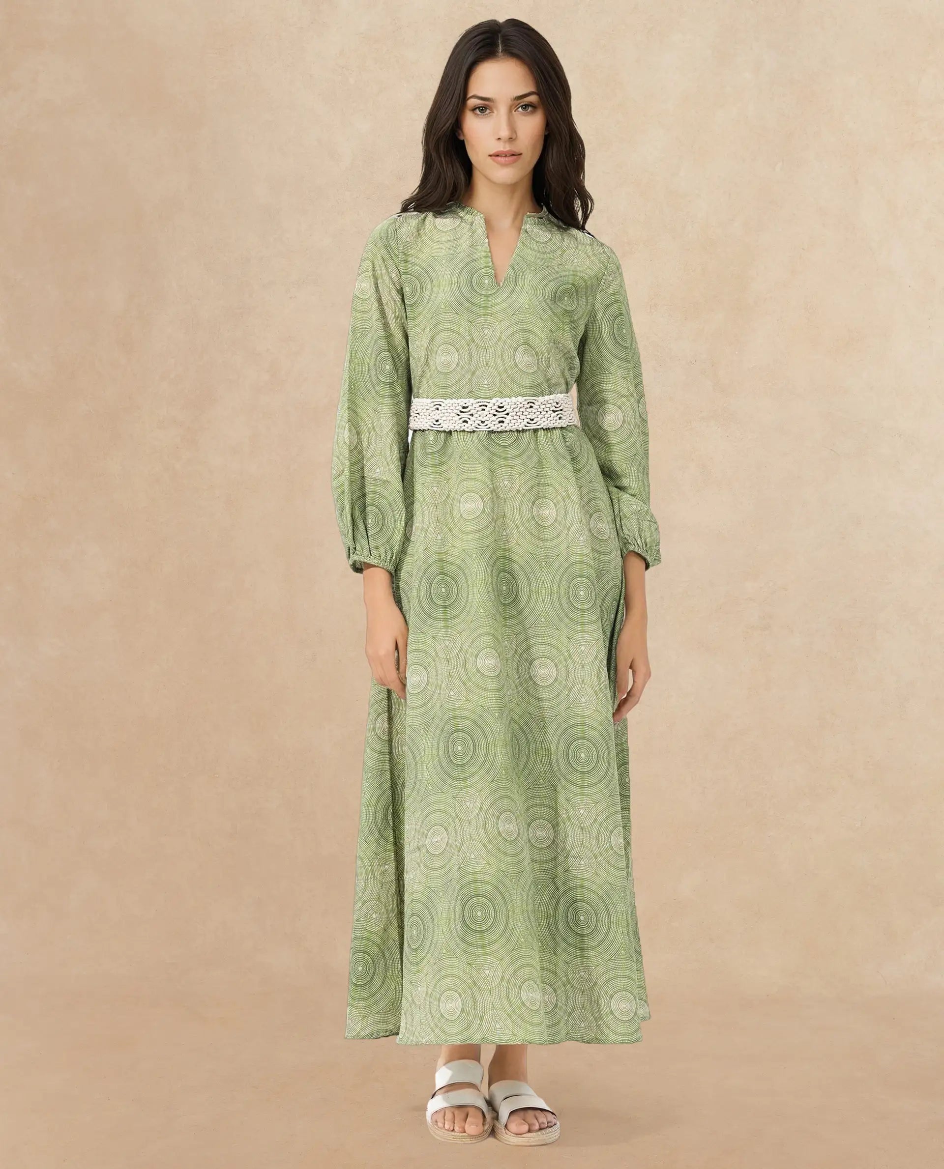 Rareism Women's Bledel Pastel Green Rayon Ruffled Neck Abstract Print Bishop Sleeve Maxi Flared Dress