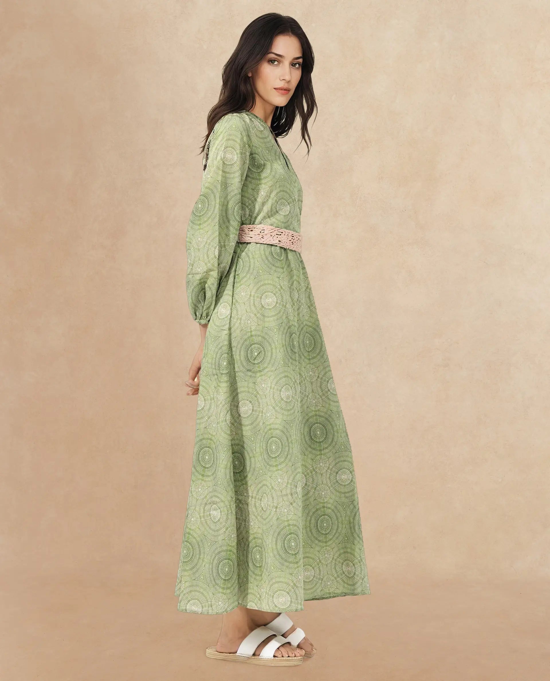 Rareism Women's Bledel Pastel Green Rayon Ruffled Neck Abstract Print Bishop Sleeve Maxi Flared Dress