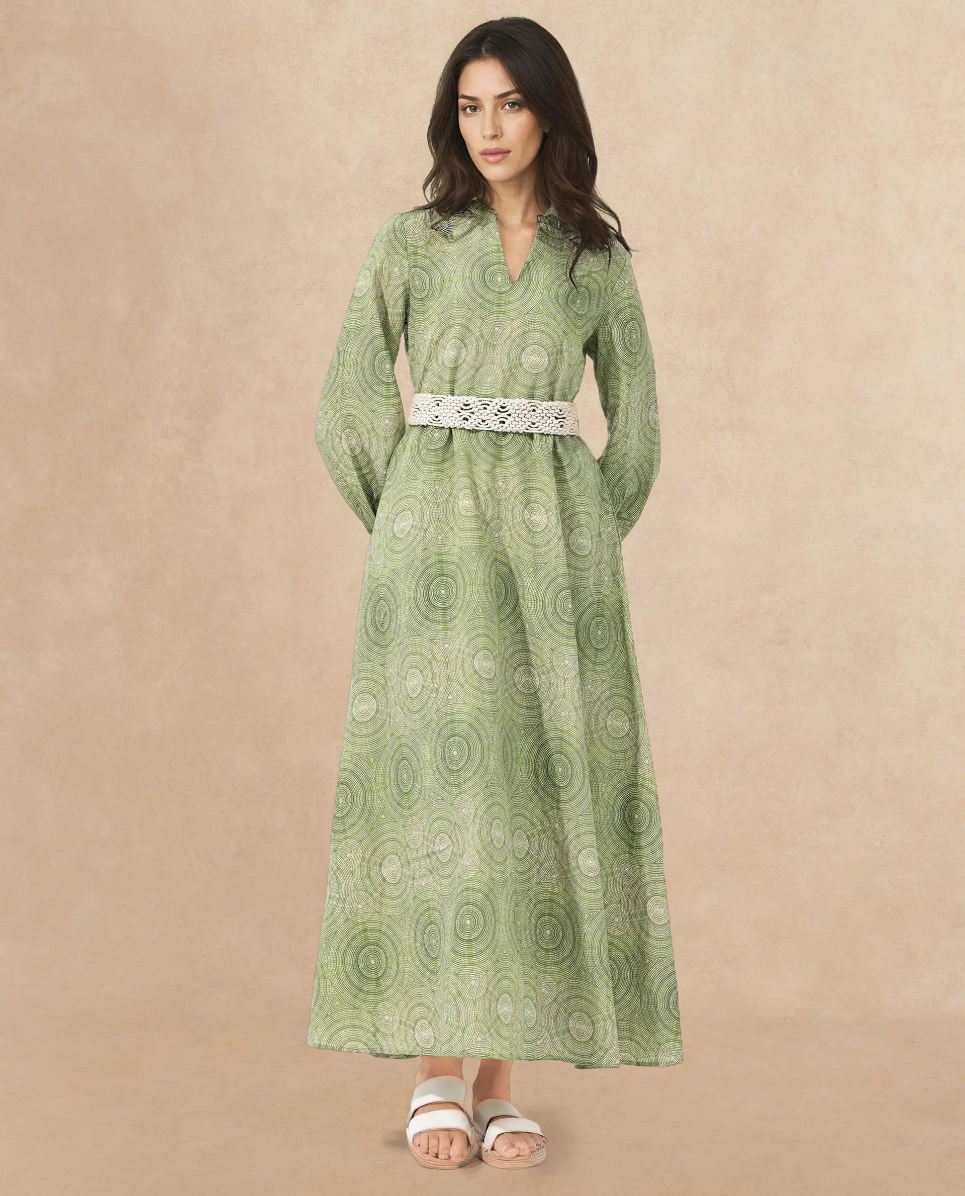 Rareism Women's Bledel Pastel Green Rayon Ruffled Neck Abstract Print Bishop Sleeve Maxi Flared Dress