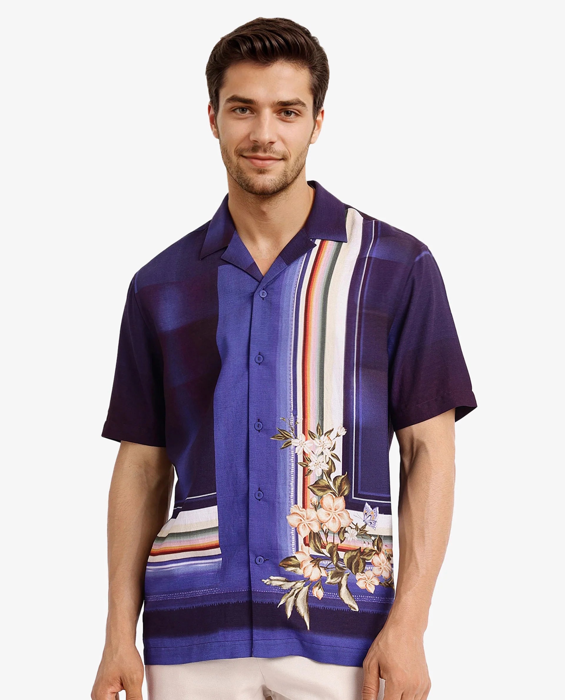 Rare Rabbit Men Blib Blue Viscose Nylon Fabric Short Sleeves Cuban Collar Boxy Fit Floral Placement Print Shirt