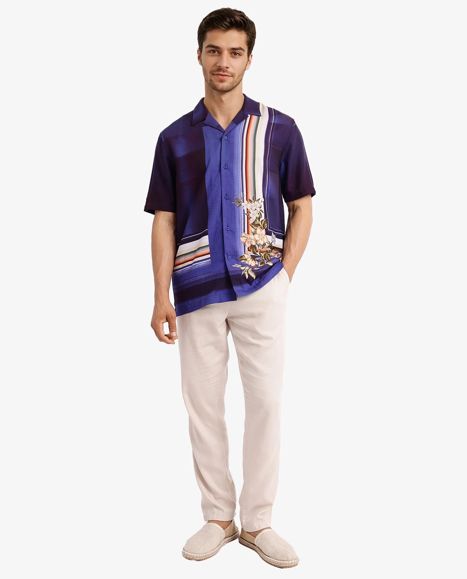 Rare Rabbit Men Blib Blue Viscose Nylon Fabric Short Sleeves Cuban Collar Boxy Fit Floral Placement Print Shirt