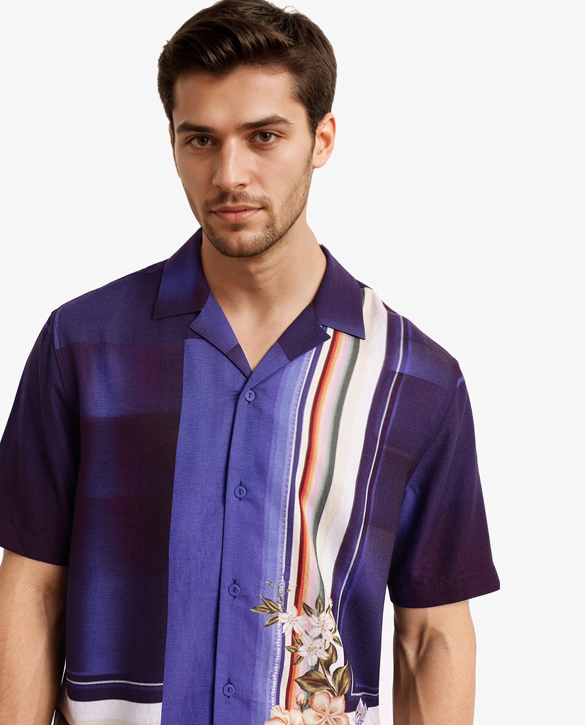 Rare Rabbit Men Blib Blue Viscose Nylon Fabric Short Sleeves Cuban Collar Boxy Fit Floral Placement Print Shirt