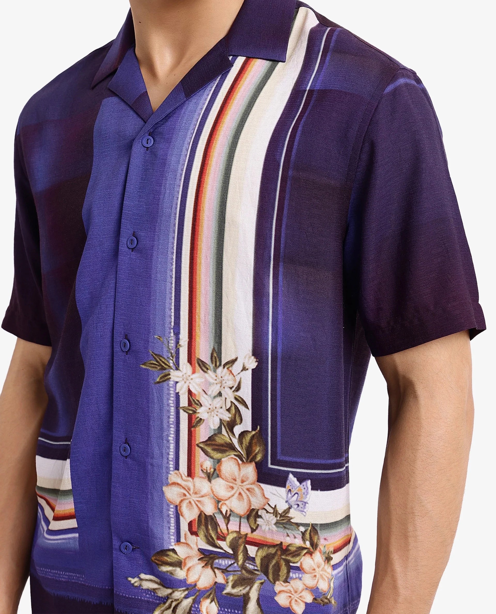 Rare Rabbit Men Blib Blue Viscose Nylon Fabric Short Sleeves Cuban Collar Boxy Fit Floral Placement Print Shirt