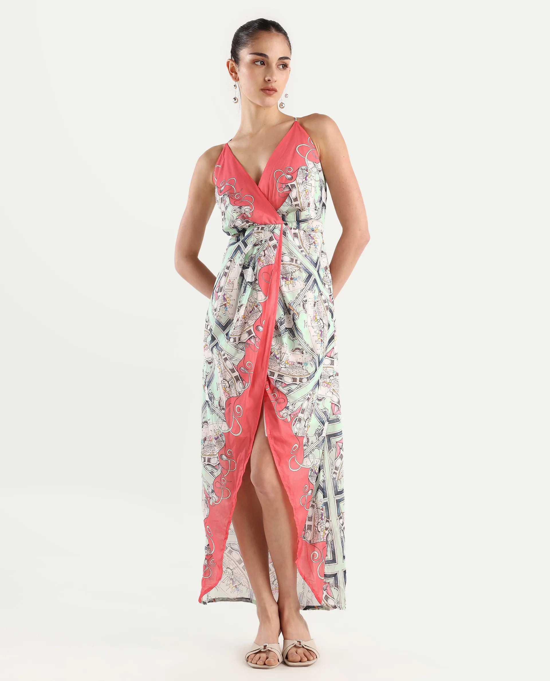 Rareism Women's Bluries Pastel Green Cotton Overlap Neck Abstract Print Shoulder Strap Maxi Fit And Flare Dress