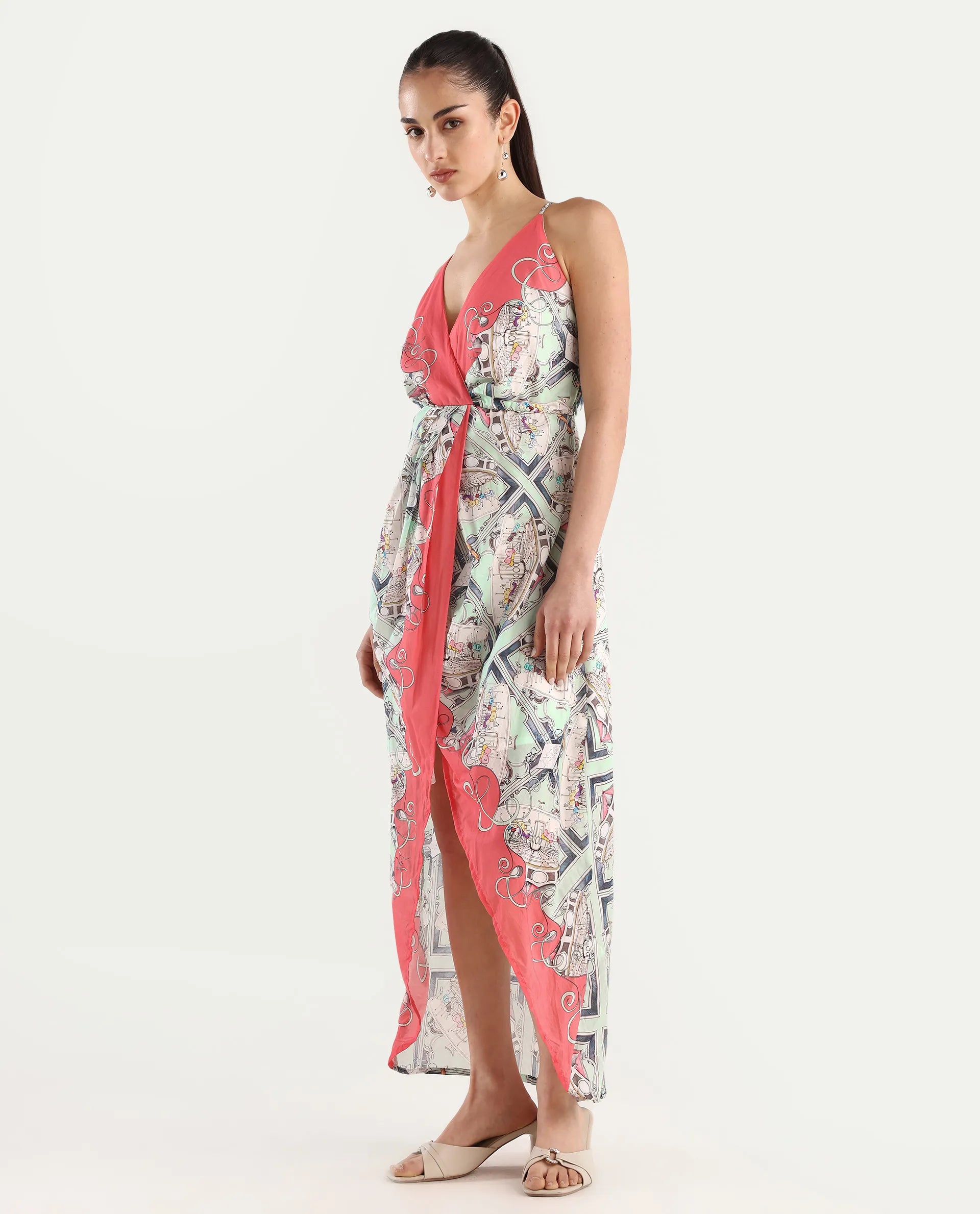 Rareism Women's Bluries Pastel Green Cotton Overlap Neck Abstract Print Shoulder Strap Maxi Fit And Flare Dress