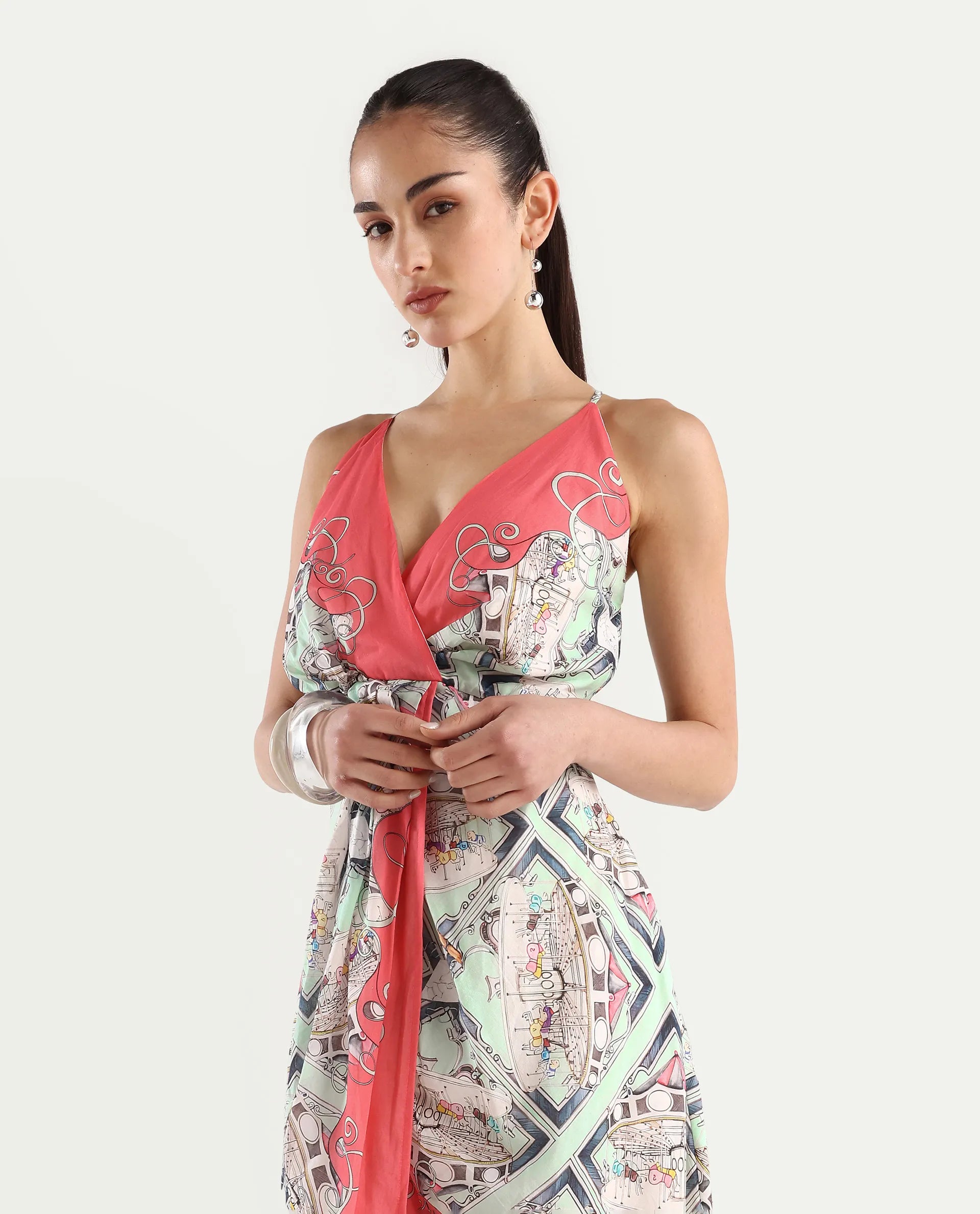 Rareism Women's Bluries Pastel Green Cotton Overlap Neck Abstract Print Shoulder Strap Maxi Fit And Flare Dress