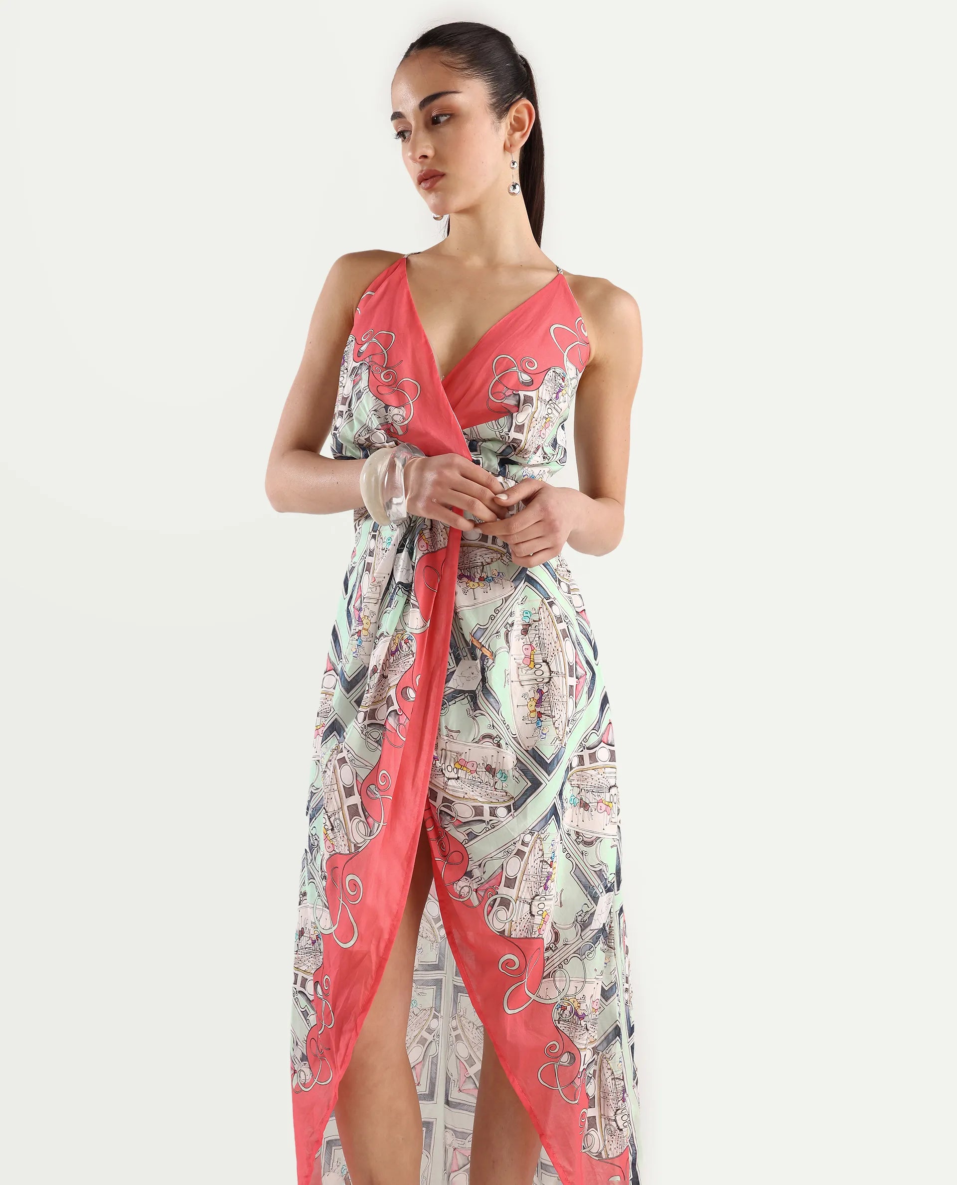 Rareism Women's Bluries Pastel Green Cotton Overlap Neck Abstract Print Shoulder Strap Maxi Fit And Flare Dress