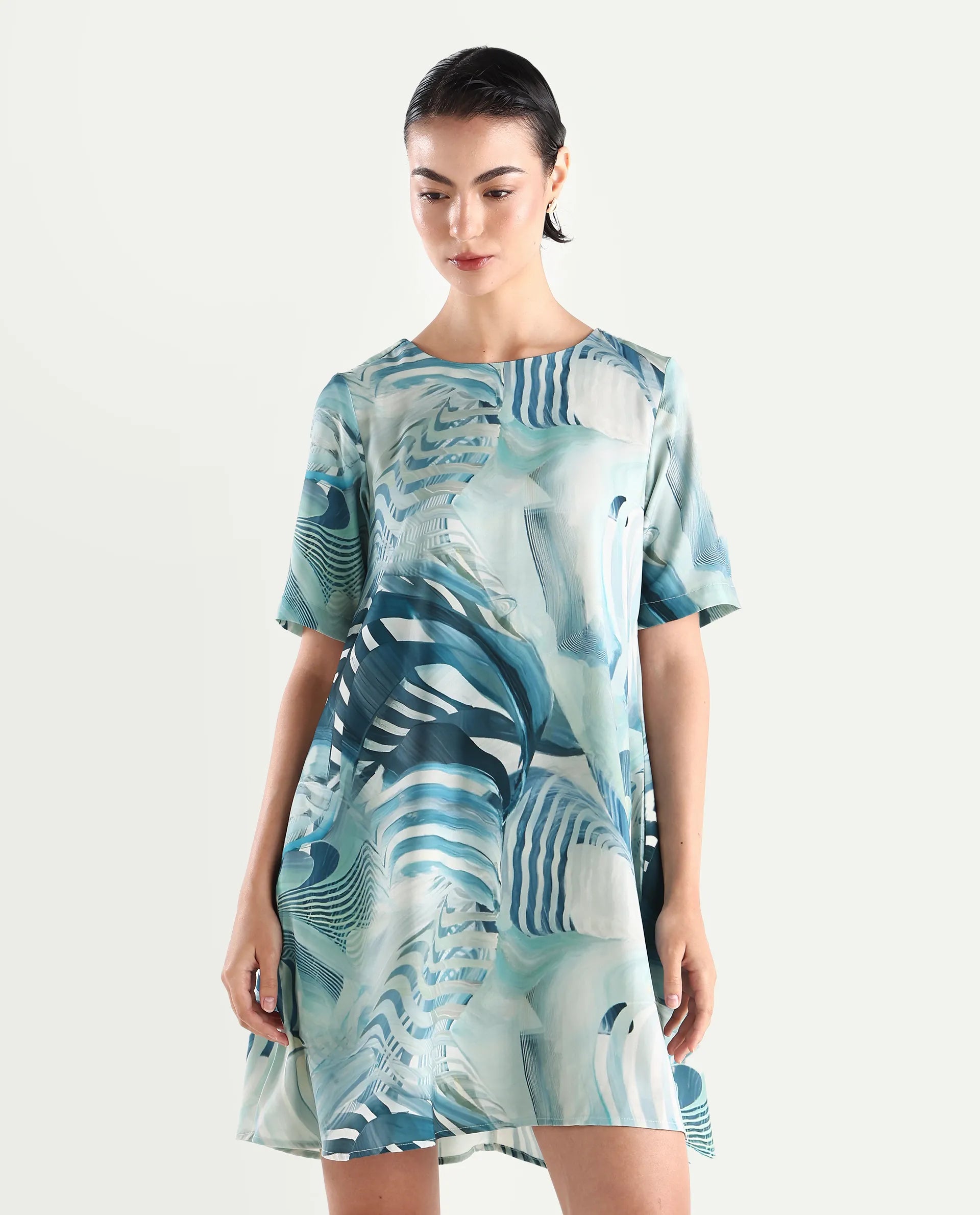 Rareism Women's Boberni Multi Polyester Blend Crew Neck Abstract Print Mini A-Line Dress