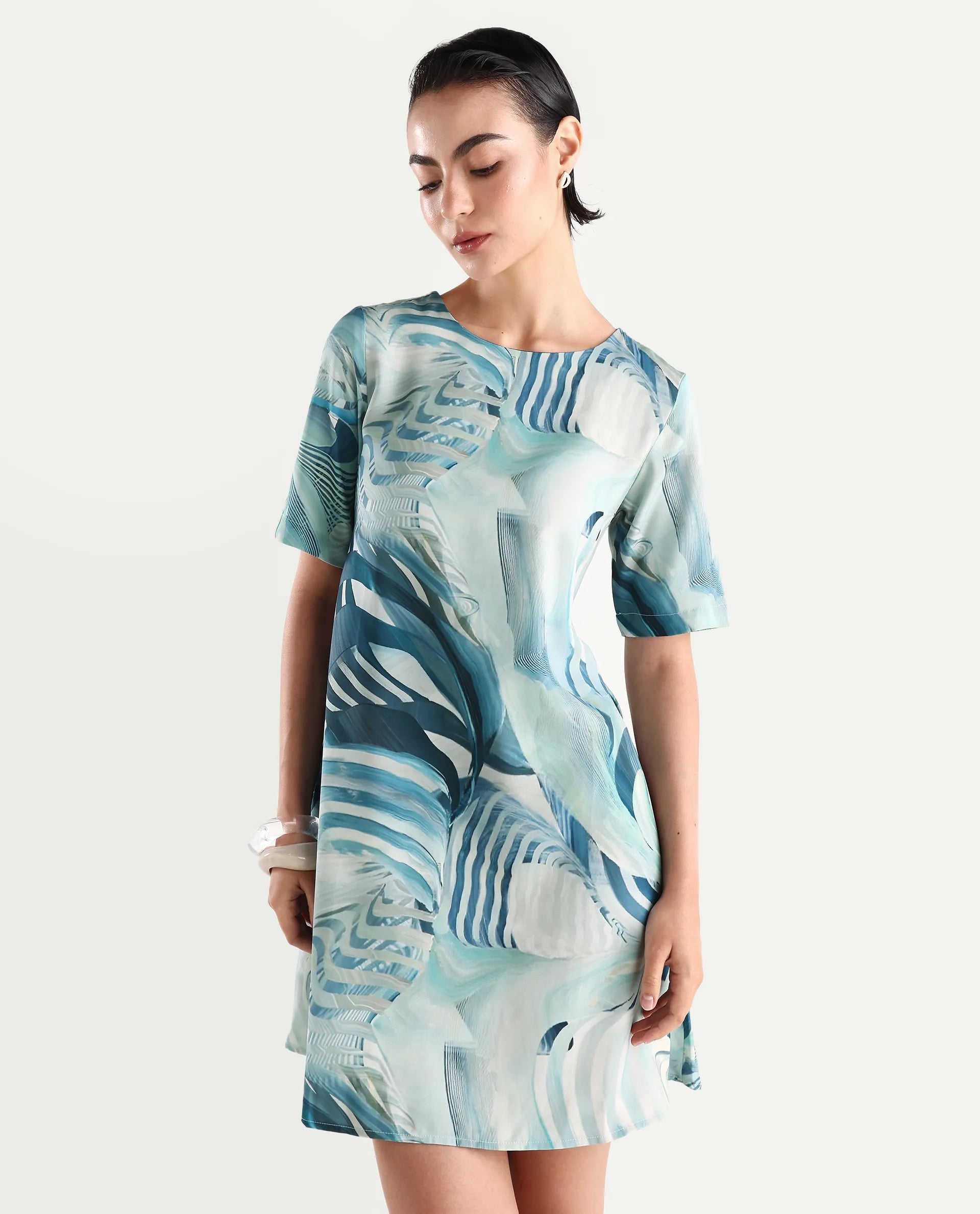 Rareism Women's Boberni Multi Polyester Blend Crew Neck Abstract Print Mini A-Line Dress