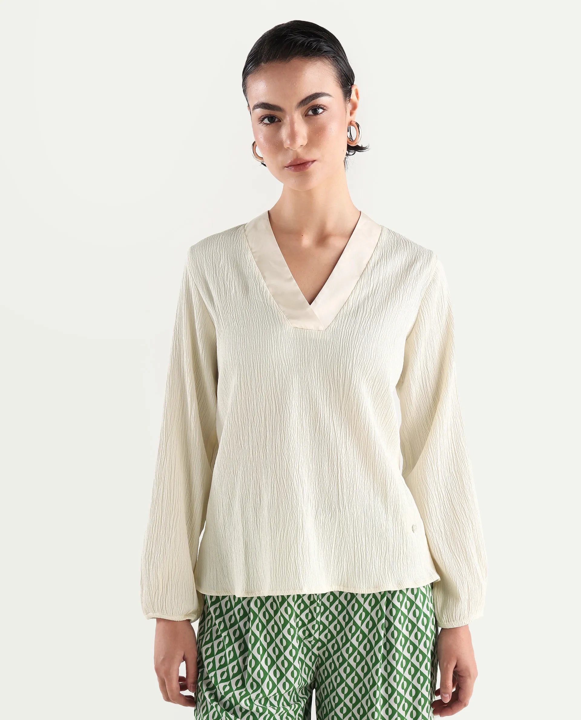 Rareism Women's Boco Beige Polyester V-Neck Plain Balloon Sleeve Regular Fit Top