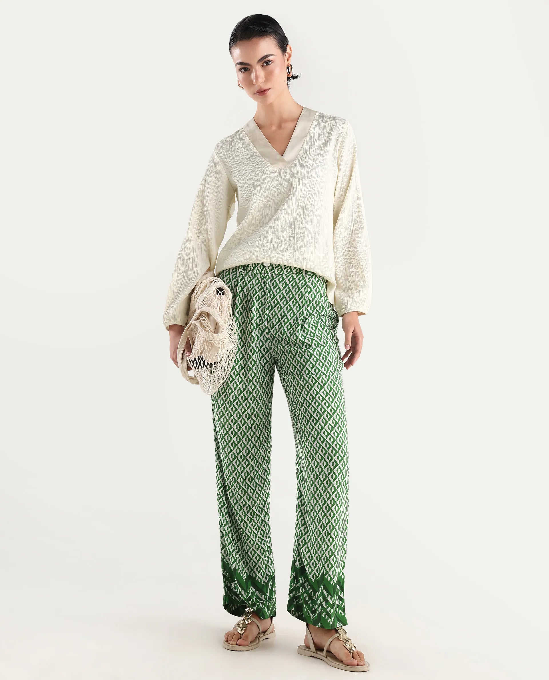 Rareism Women's Boco Beige Polyester V-Neck Plain Balloon Sleeve Regular Fit Top