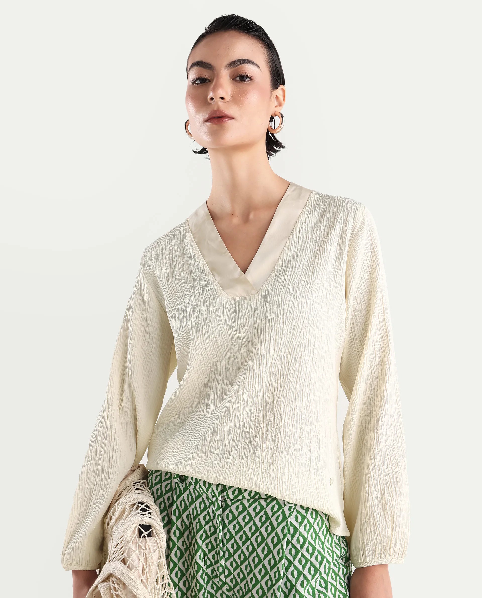 Rareism Women's Boco Beige Polyester V-Neck Plain Balloon Sleeve Regular Fit Top