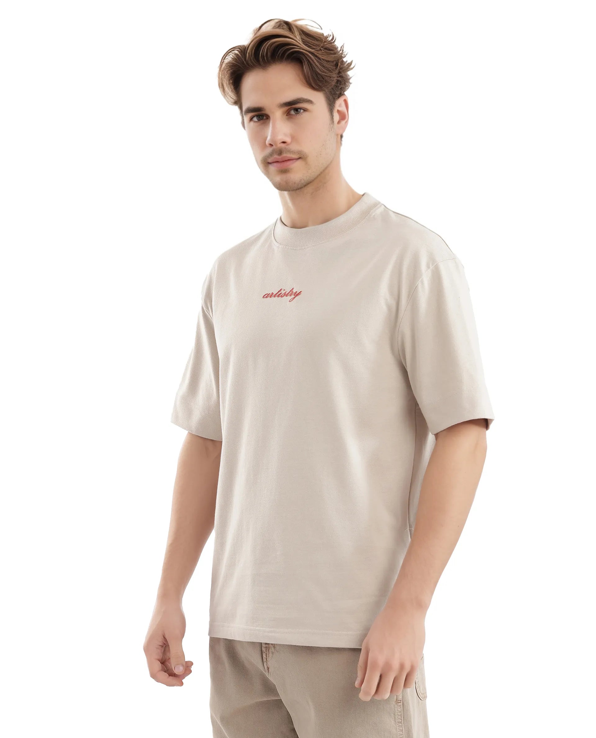 Rare Rabbit Men Bonz-2 Beige Knitted Short Sleeve Crew Neck Boxy Fit Printed T-Shirt