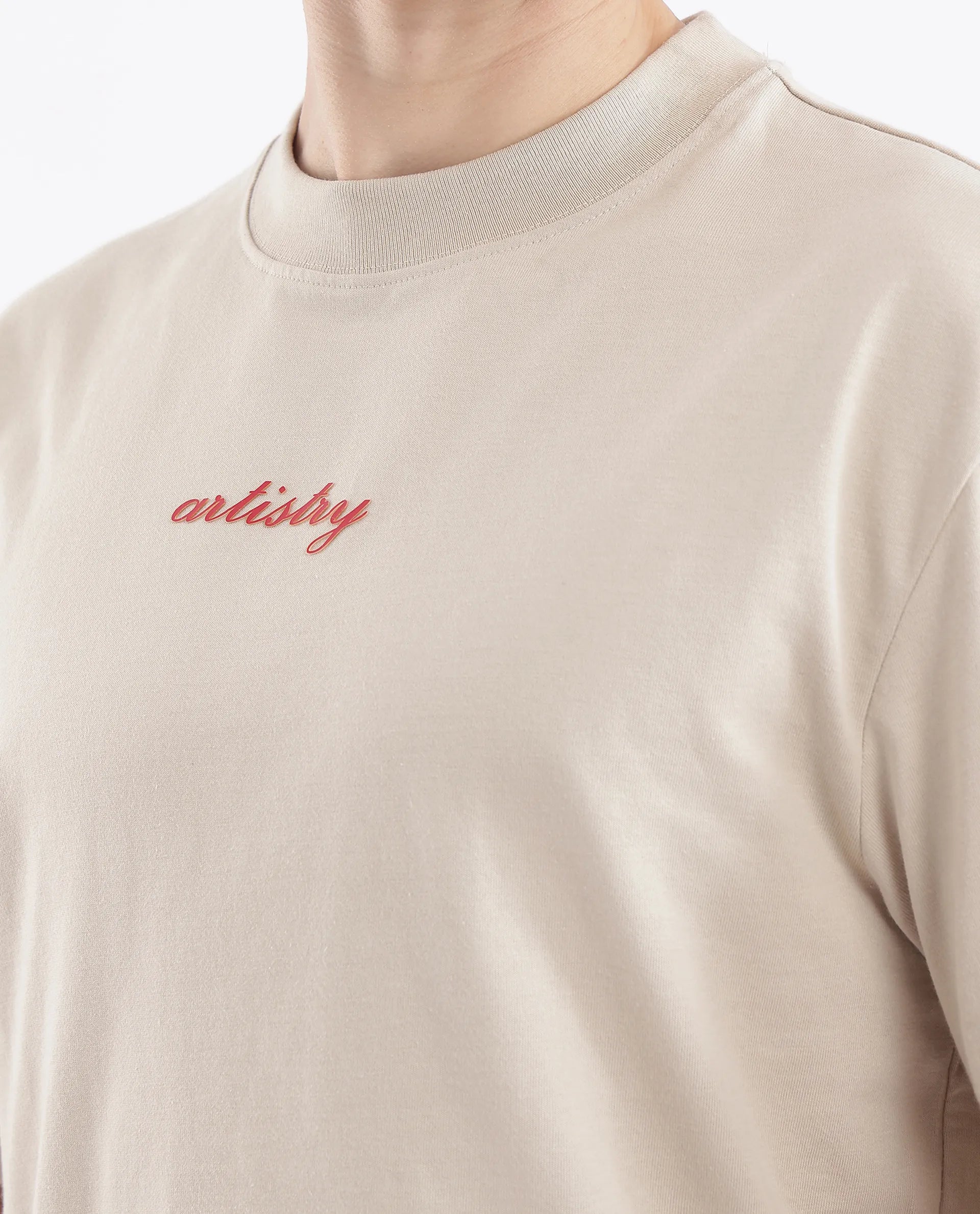 Rare Rabbit Men Bonz-2 Beige Knitted Short Sleeve Crew Neck Boxy Fit Printed T-Shirt