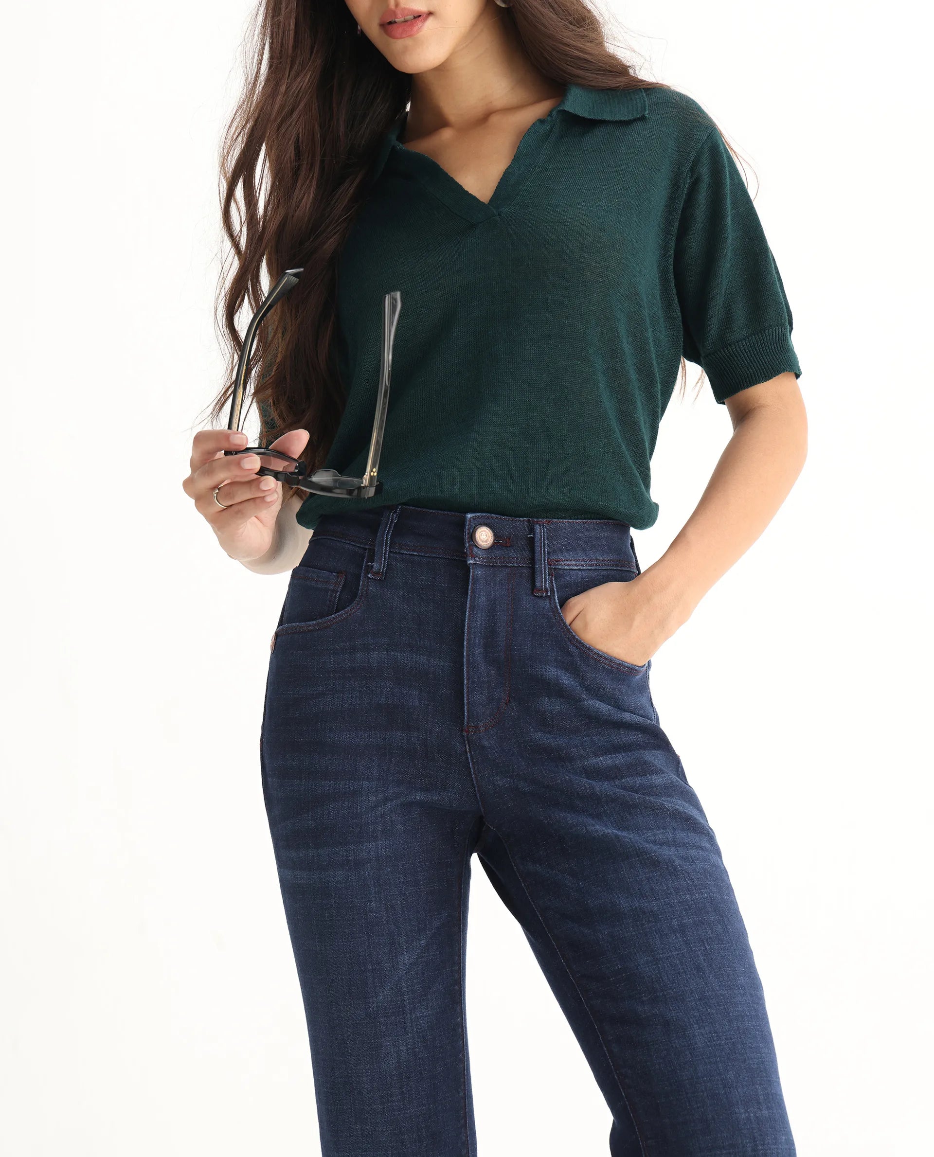 Rareism Women's Booter Blue Cotton Blend Plain Ankle Length CLASSIC BOOTCUT Jeans