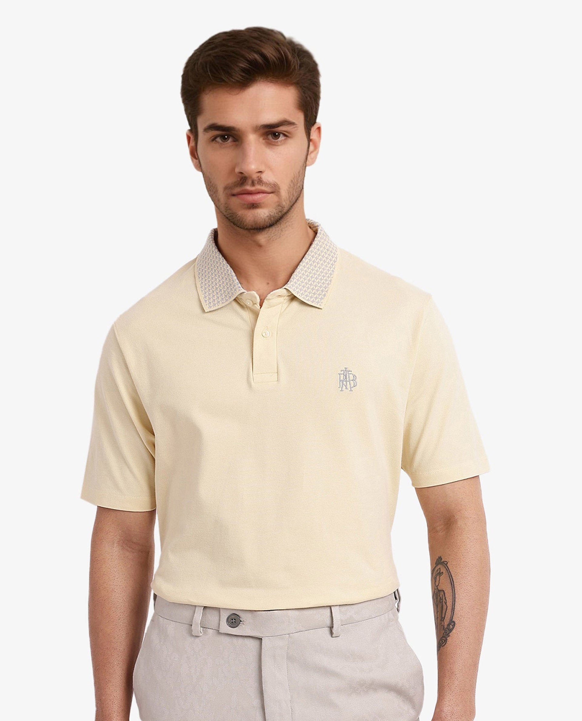 Rare Rabbit Men's Booth Yellow Short Sleeve Textured Collar Embroidered Logo Plain Polo T-Shirt