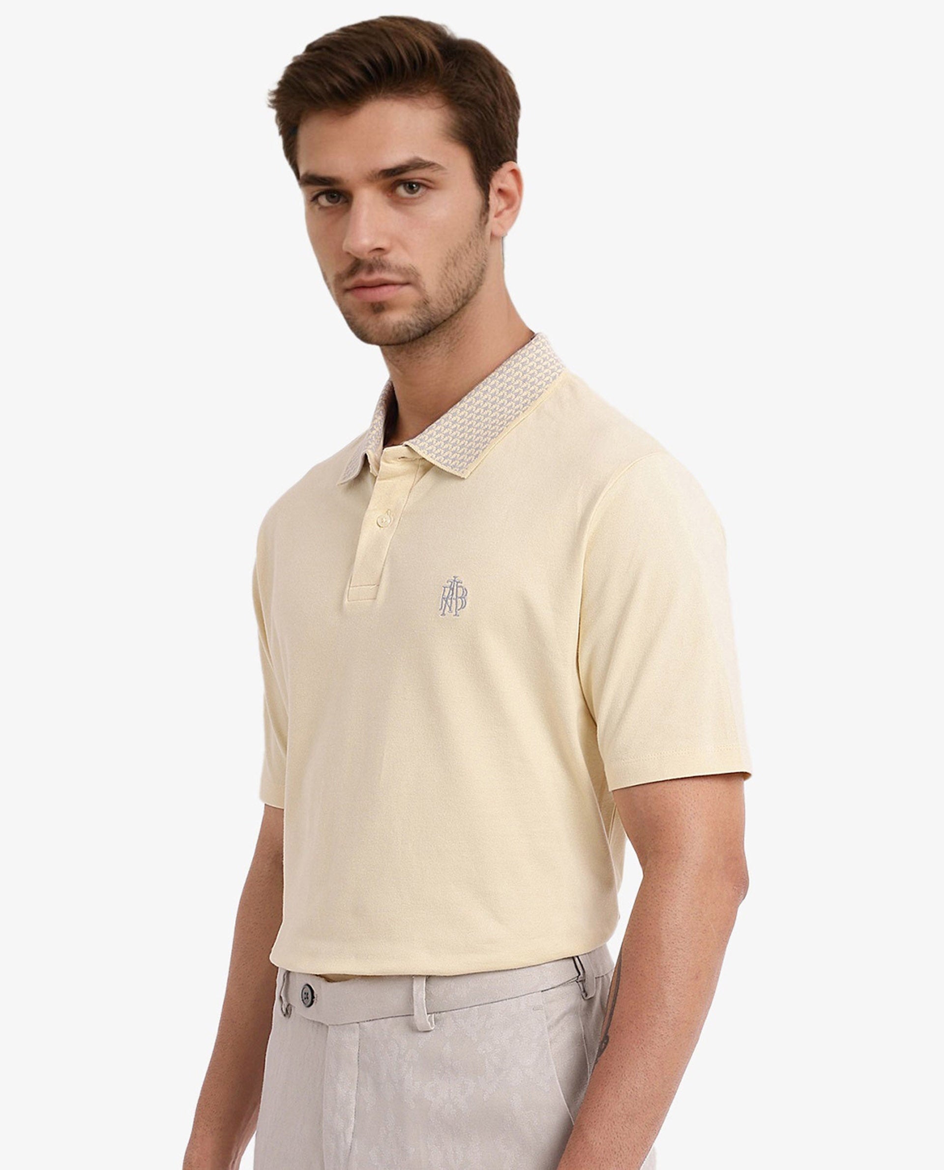 Rare Rabbit Men's Booth Yellow Short Sleeve Textured Collar Embroidered Logo Plain Polo T-Shirt