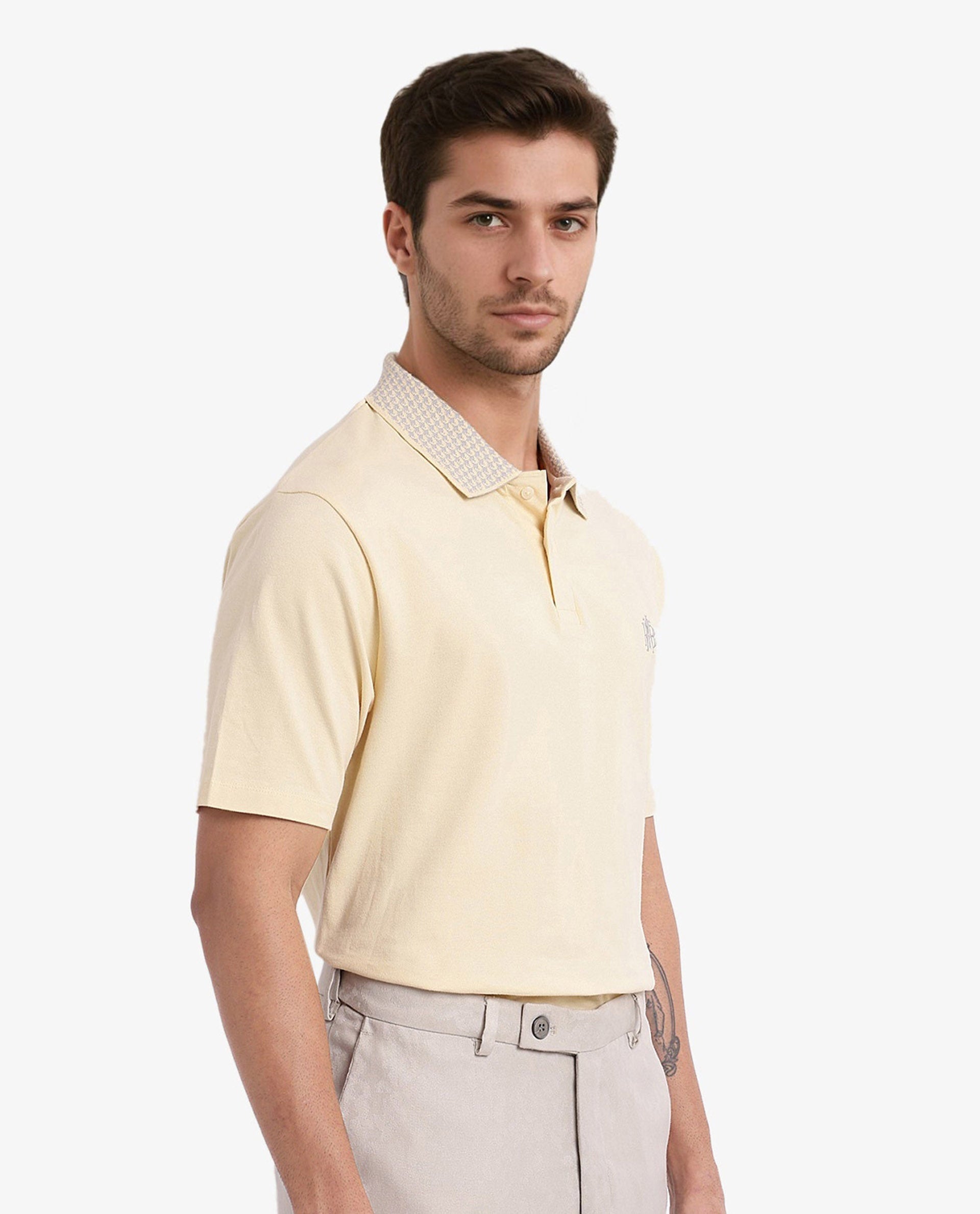 Rare Rabbit Men's Booth Yellow Short Sleeve Textured Collar Embroidered Logo Plain Polo T-Shirt