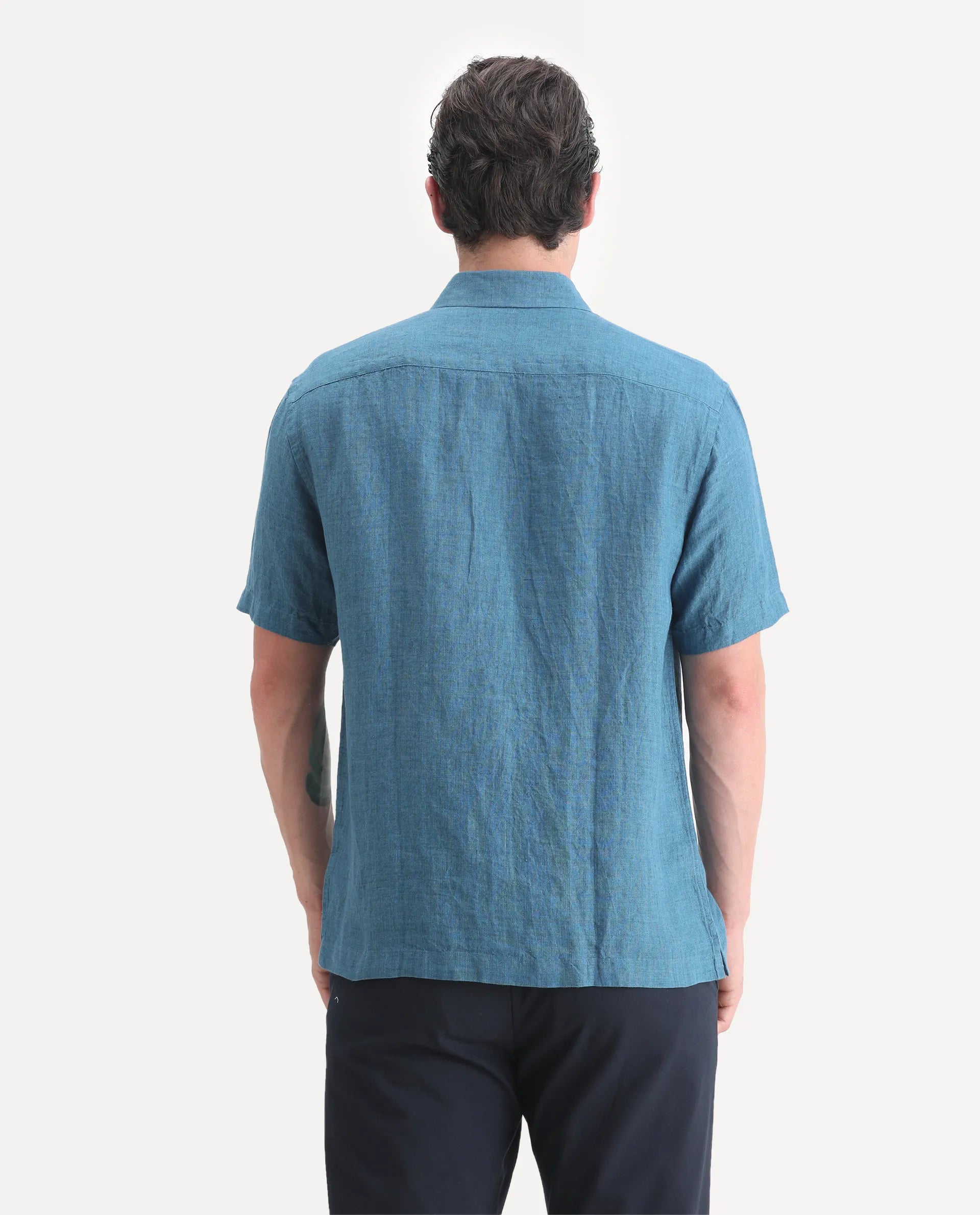 Rare Rabbit Men's Borium Ss-25 Dark Blue Linen Plain Regular Fit Half Sleeve Collared Shirt