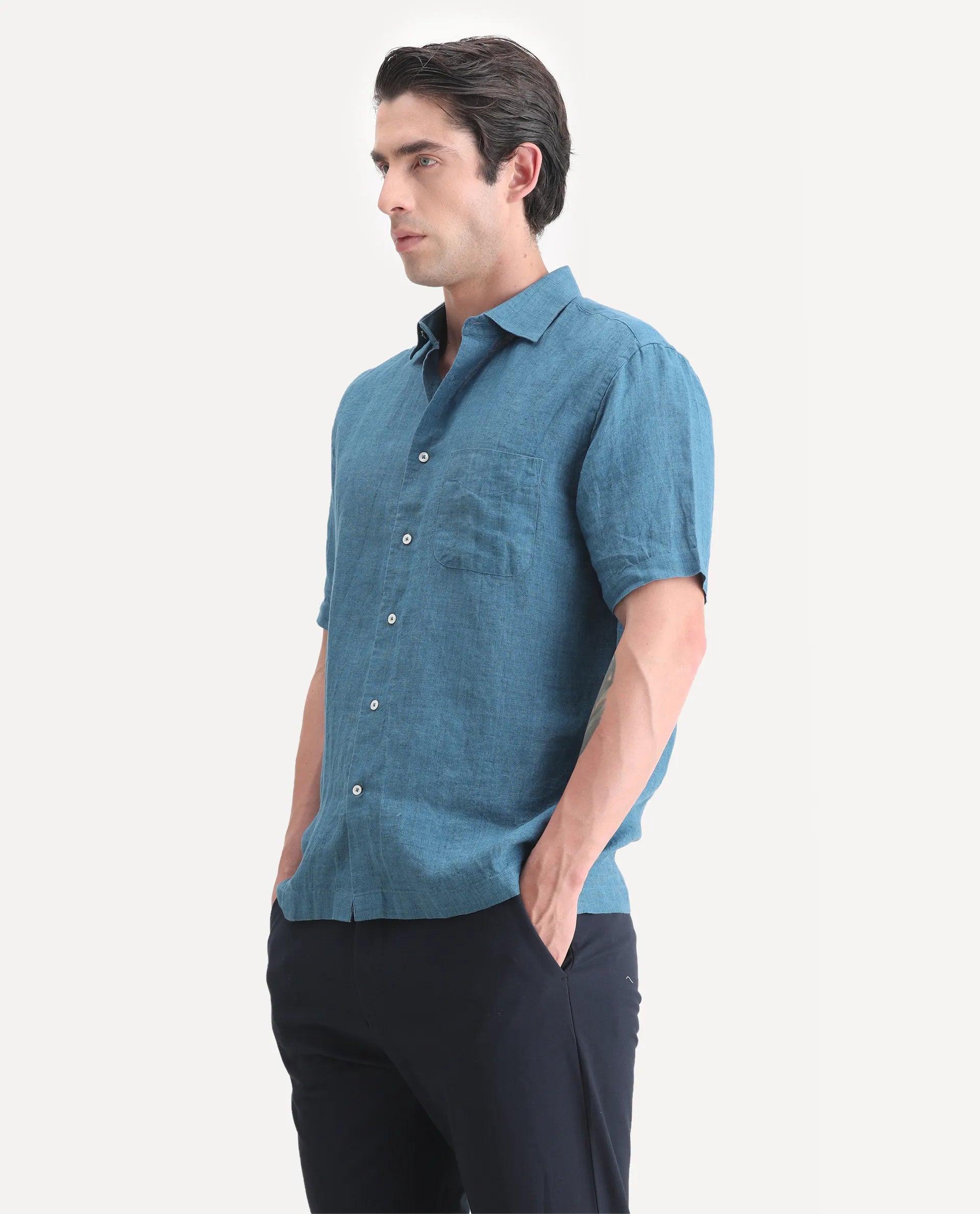 Rare Rabbit Men's Borium Ss-25 Dark Blue Linen Plain Regular Fit Half Sleeve Collared Shirt