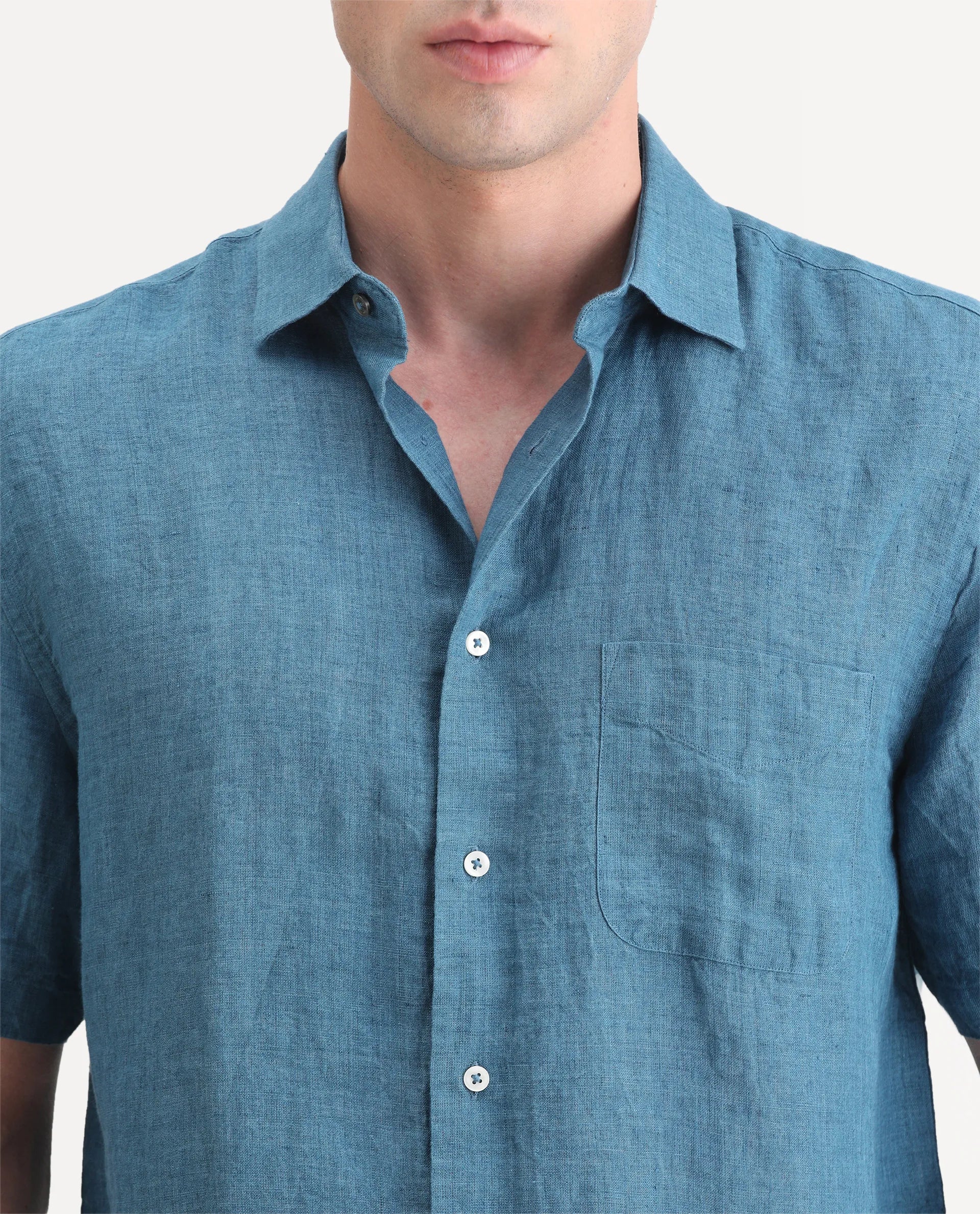 Rare Rabbit Men's Borium Ss-25 Dark Blue Linen Plain Regular Fit Half Sleeve Collared Shirt