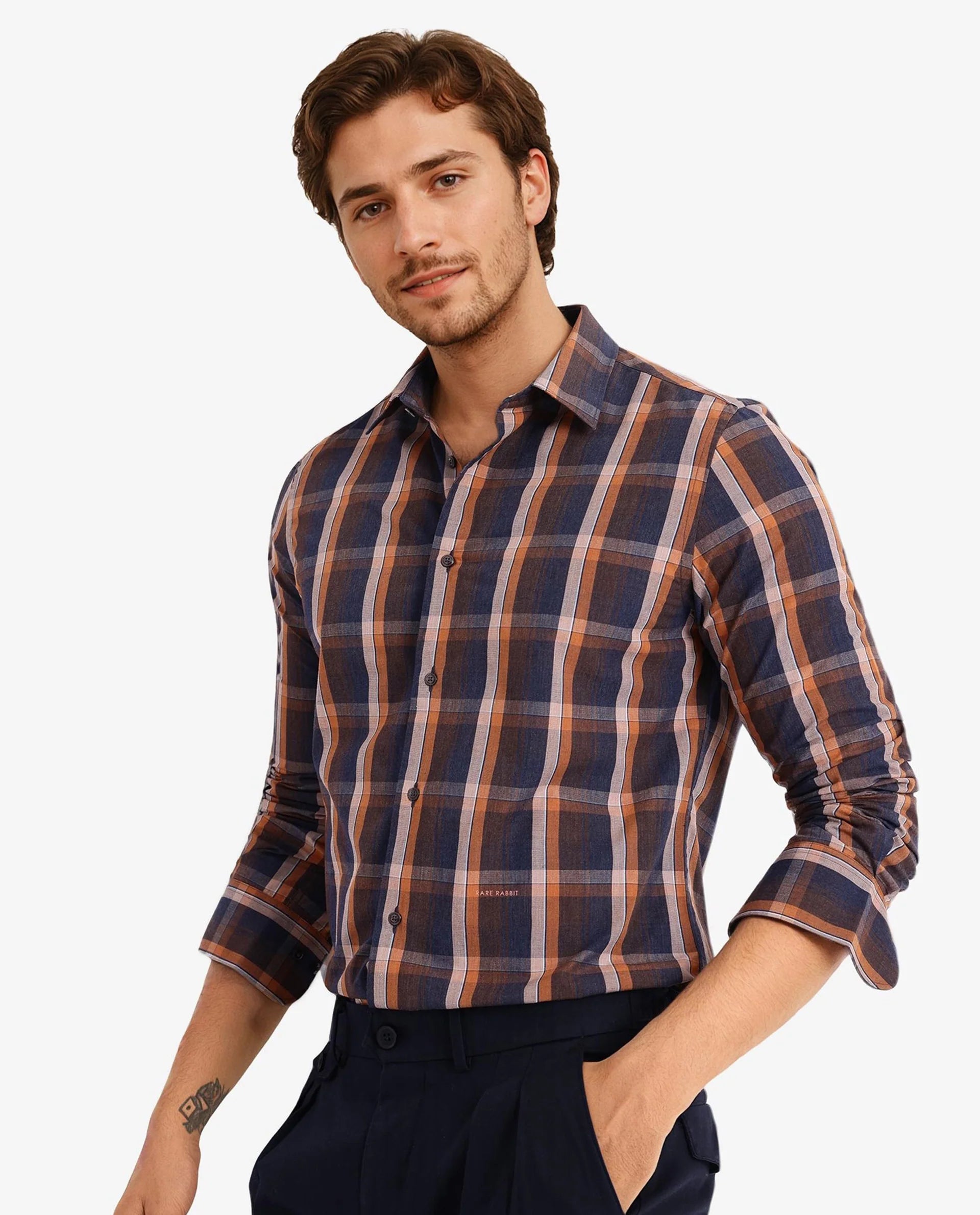 Rare Rabbit Men Bou Navy Cotton Polyester Fabric Full Sleeve Collared Neck Button Closure Regular Fit Checks Shirt