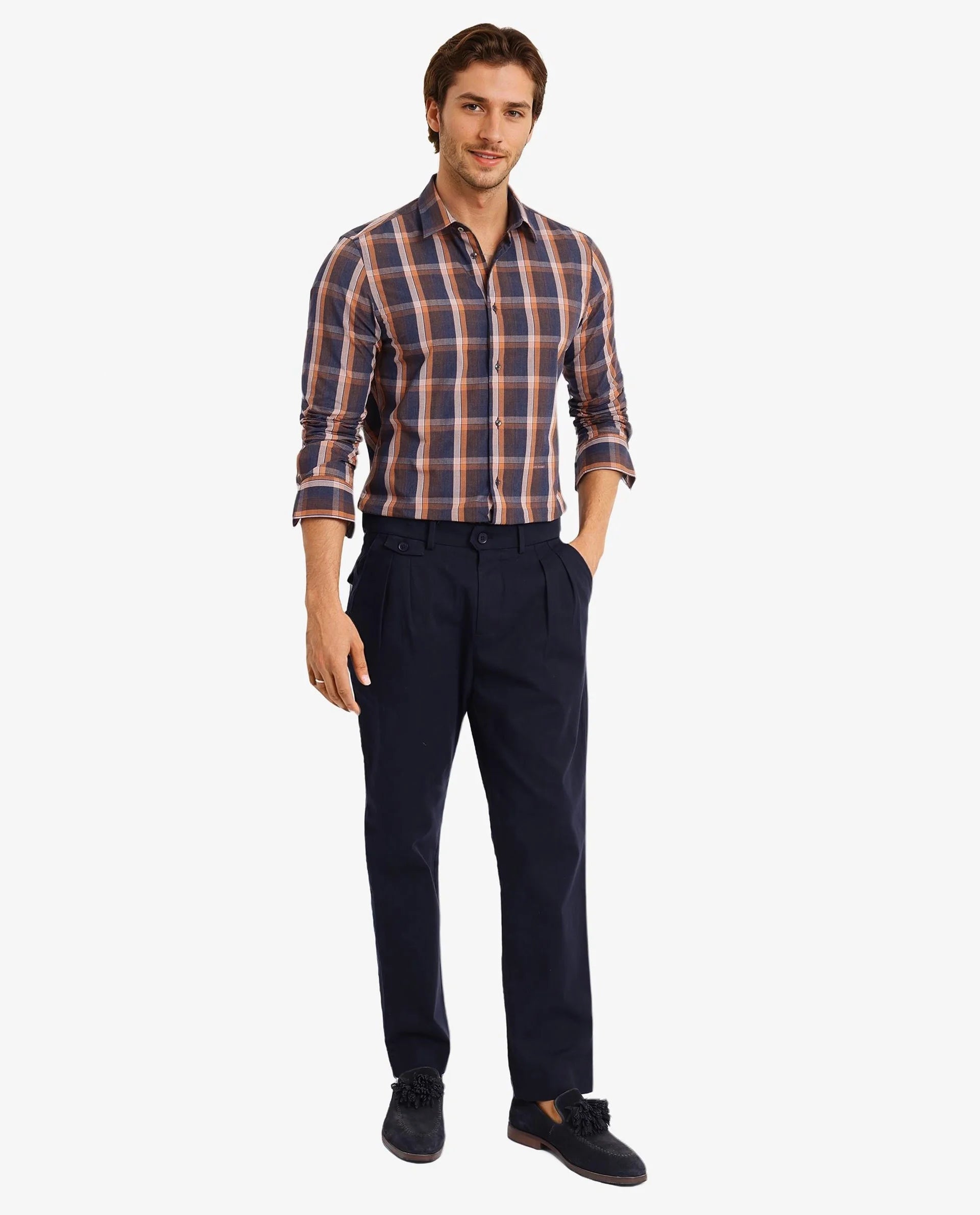 Rare Rabbit Men Bou Navy Cotton Polyester Fabric Full Sleeve Collared Neck Button Closure Regular Fit Checks Shirt