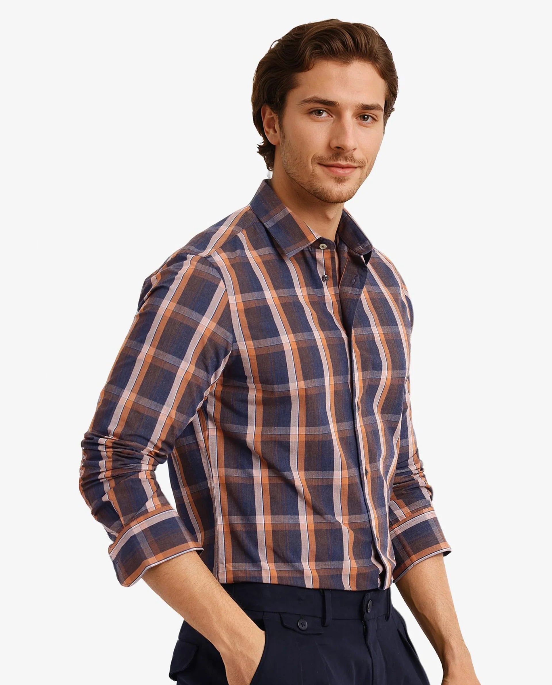 Rare Rabbit Men Bou Navy Cotton Polyester Fabric Full Sleeve Collared Neck Button Closure Regular Fit Checks Shirt