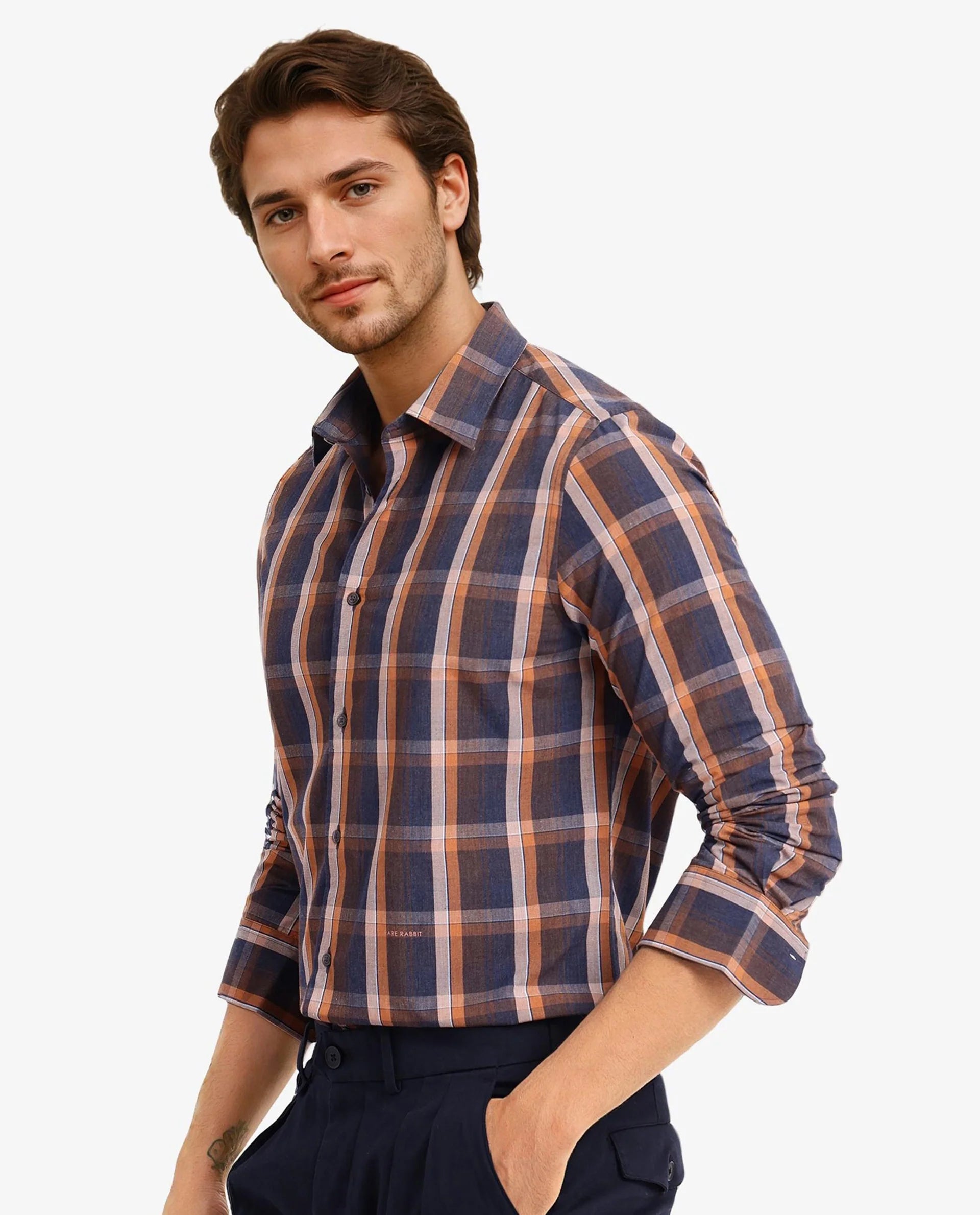 Rare Rabbit Men Bou Navy Cotton Polyester Fabric Full Sleeve Collared Neck Button Closure Regular Fit Checks Shirt