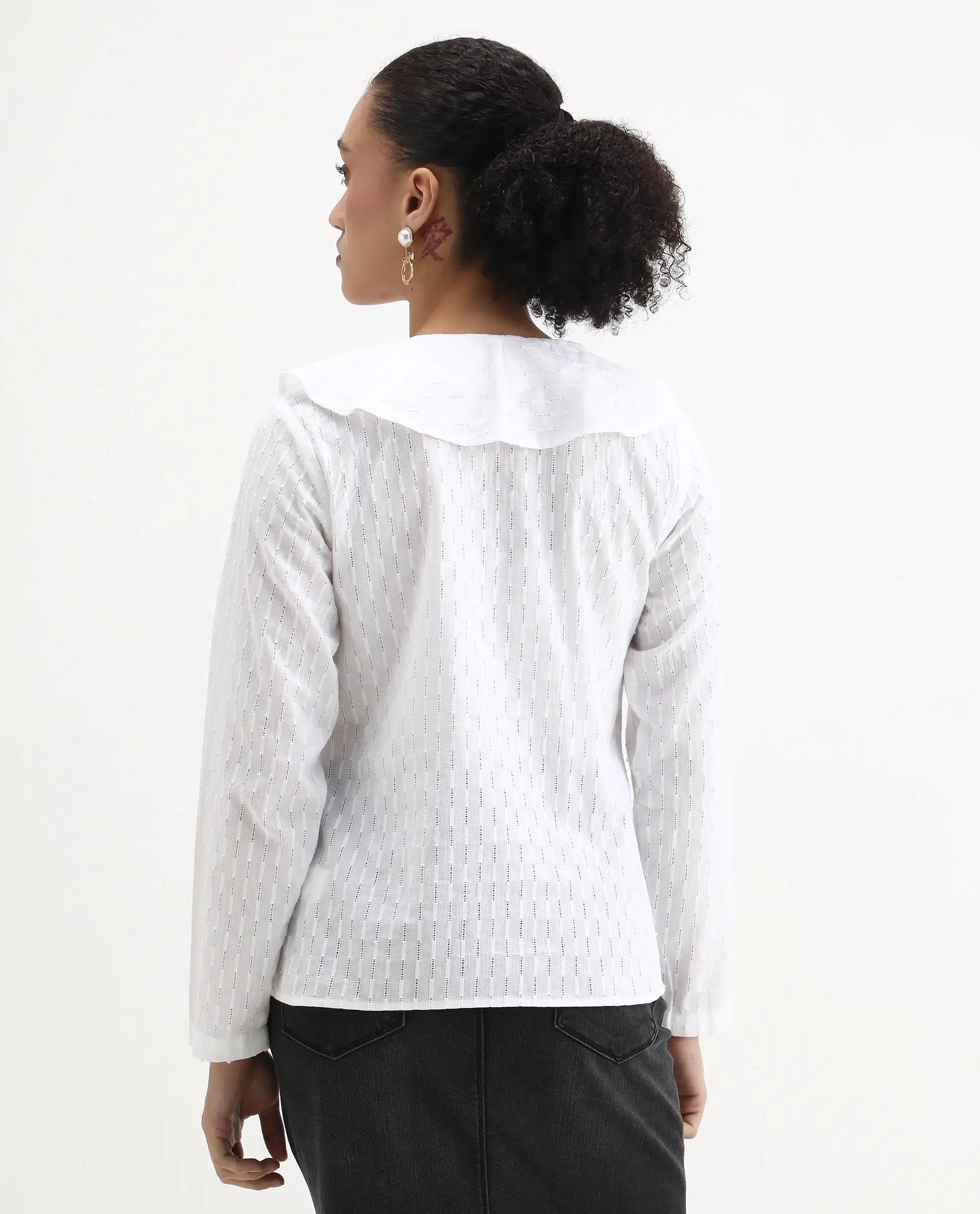 Rareism Women's Bowez White Cotton Ruffled Neck Plain Regular Fit Top