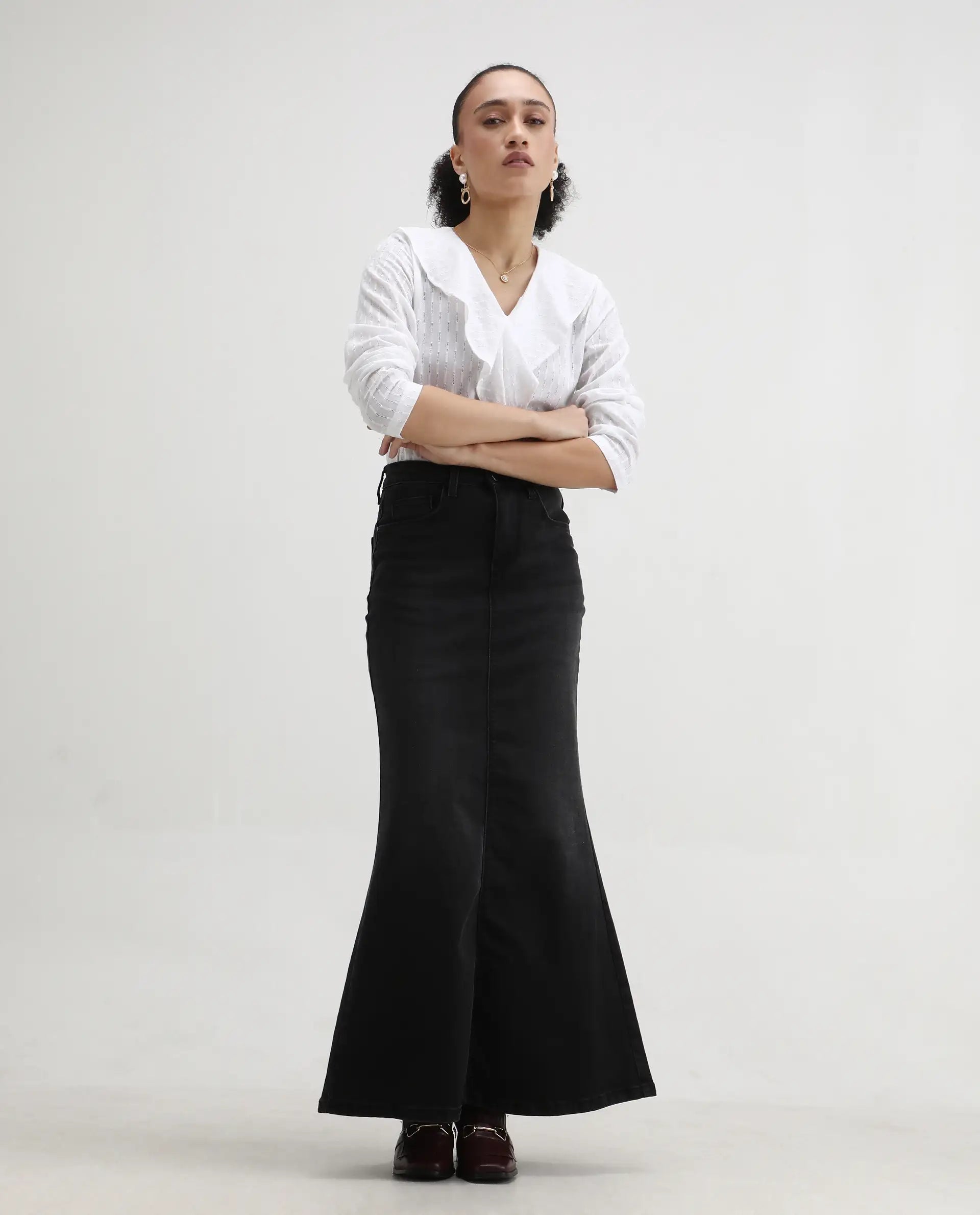 Rareism Women's Bowez White Cotton Ruffled Neck Plain Regular Fit Top