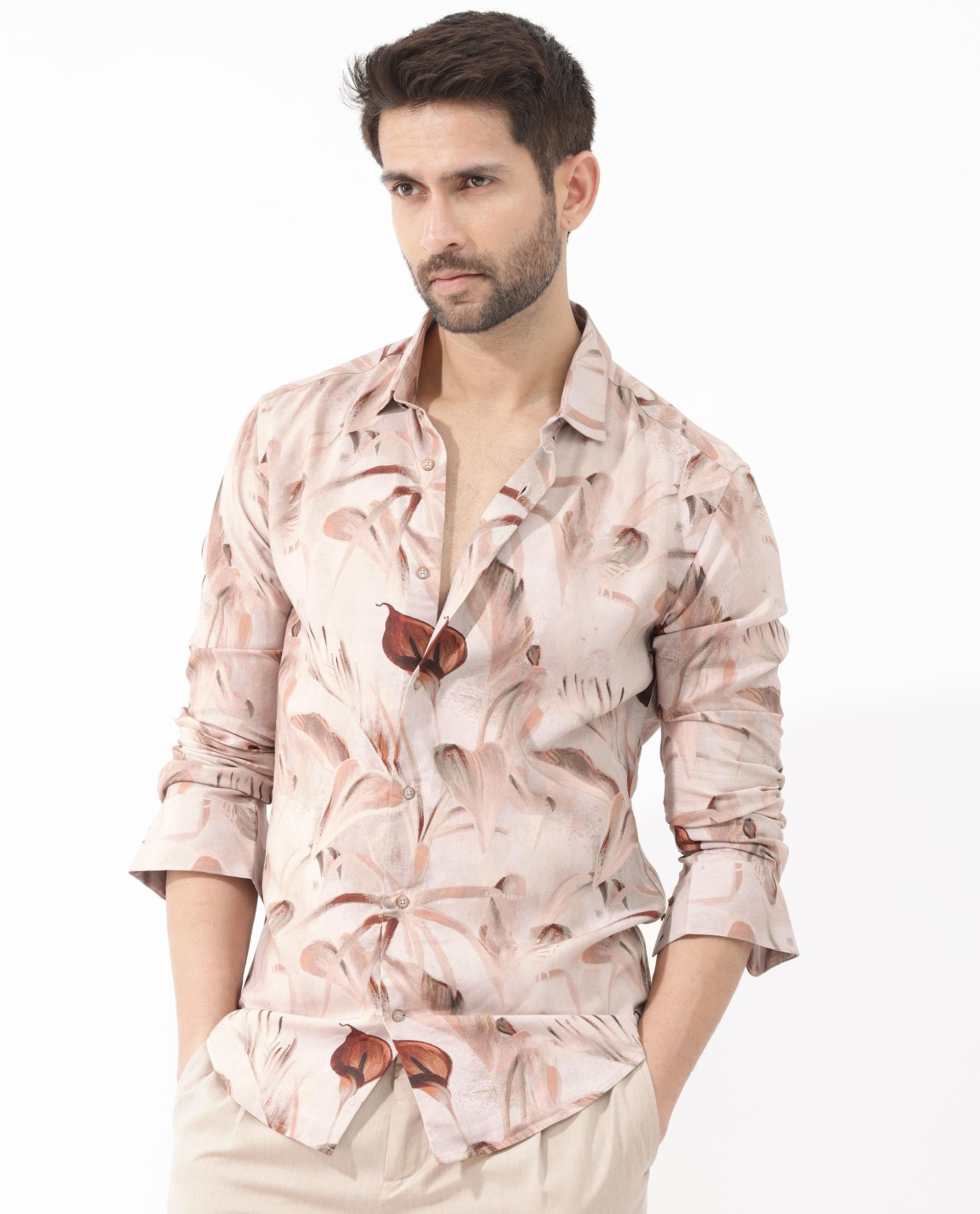 Rare Rabbit Men's Bowon-LS Light Brown Cotton Fabric Full Sleeves Tropical Print Shirt