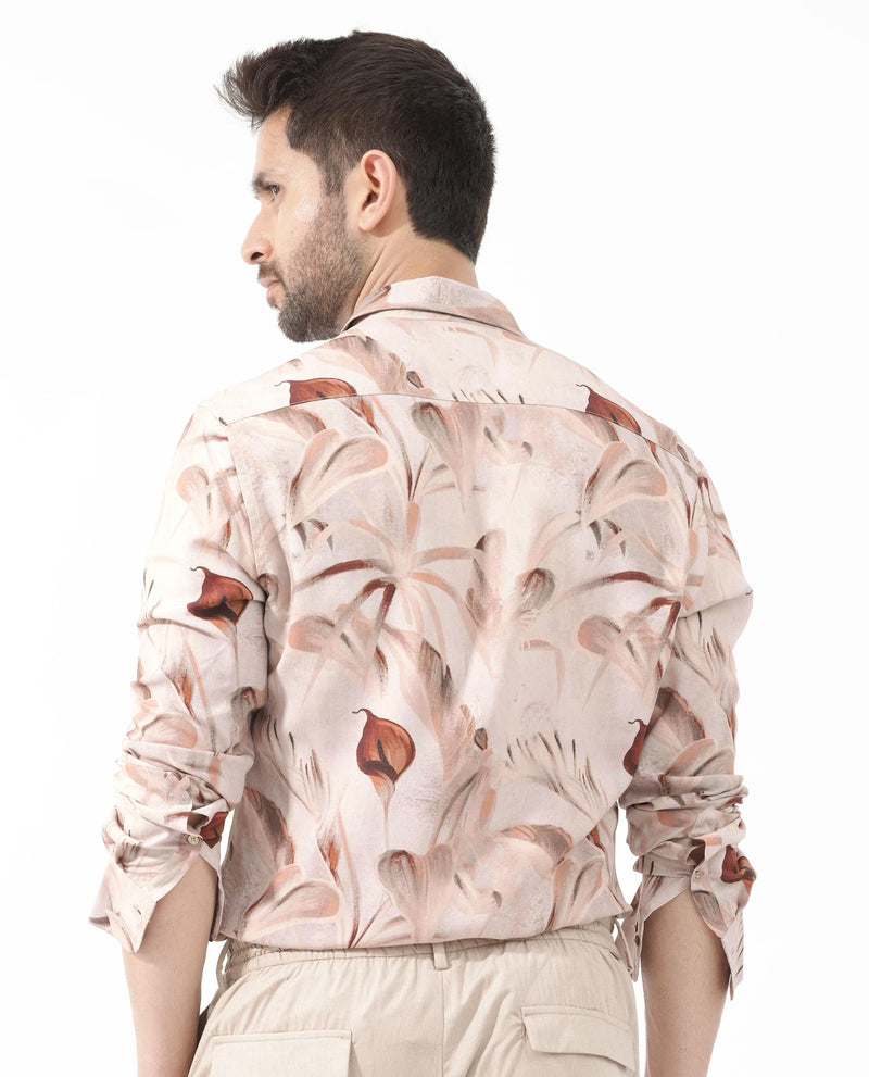 Rare Rabbit Men's Bowon-LS Light Brown Cotton Fabric Full Sleeves Tropical Print Shirt
