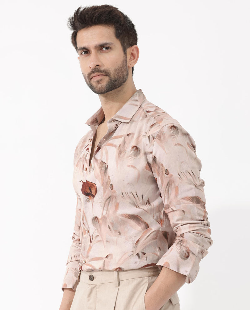 Rare Rabbit Men's Bowon-LS Light Brown Cotton Fabric Full Sleeves Tropical Print Shirt