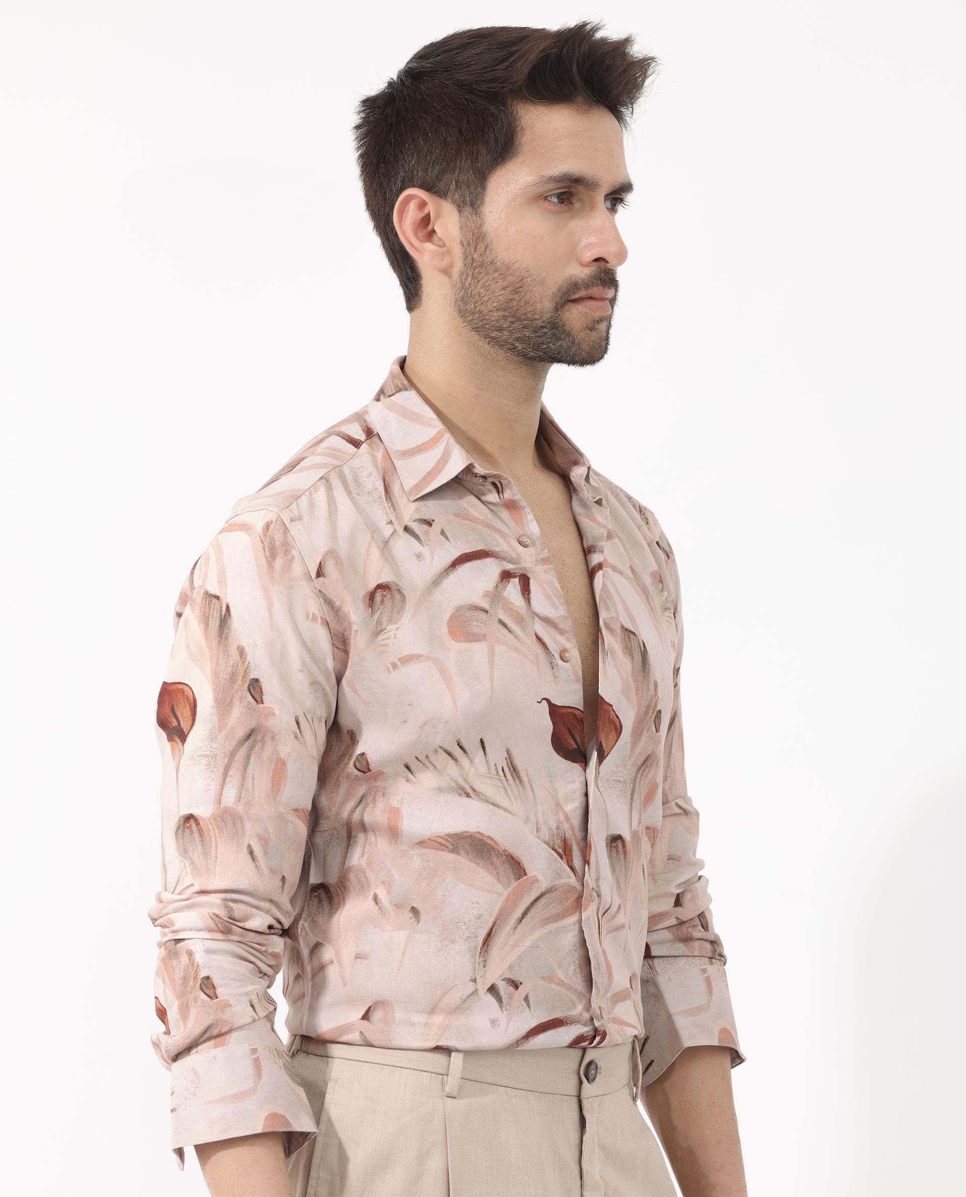 Rare Rabbit Men's Bowon-LS Light Brown Cotton Fabric Full Sleeves Tropical Print Shirt